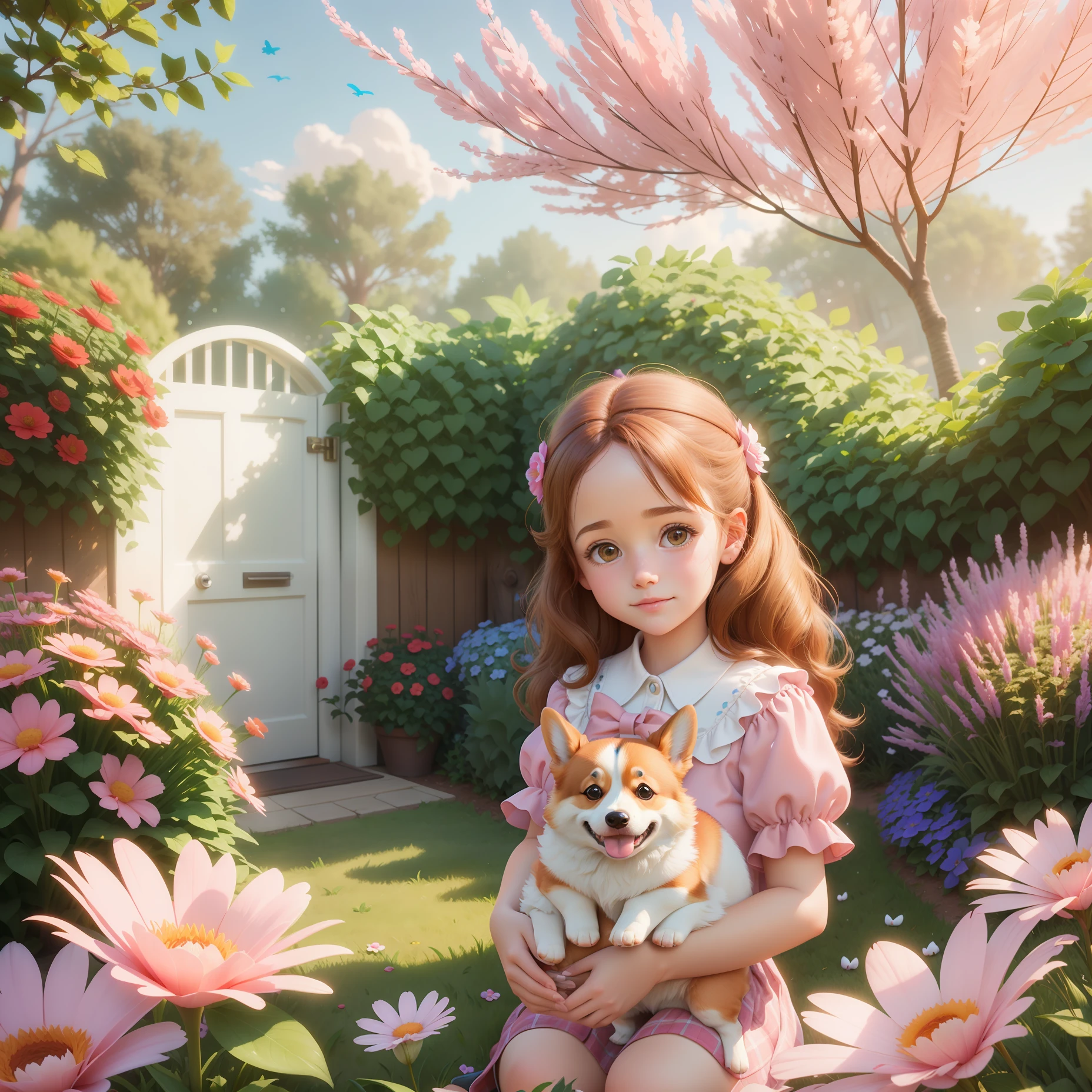 Cartoon style, (Pixar style), a cute girl and a corgi puppy, sitting, little girl reaching out to touch corgi's head, warm interactive atmosphere, outdoors, park lawn, 3D, Unreal Engine, detailed face, soft sunlight, glare, birds, flowers