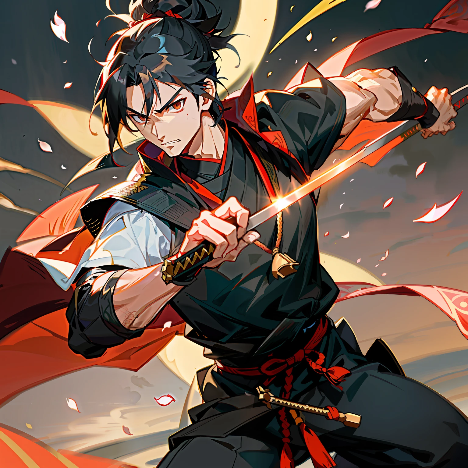 Arash, the Swordsman of the Thousand Armies Based on: The historical figure of Miyamoto Musashi. Physical Characteristics and Dress: Arash is a haughty warrior with black hair tied in a bun. He wears elegant samurai armor and a red cape with gold embroidery. In his hands, he wields two twin swords, bright and sharp as the full moon. Powers: Arash is a master of martial arts, with an unparalleled skill in combat. He possesses extraordinary dexterity and is able to perform fast and precise movements. In addition, he possesses a keen perception and can anticipate the movements of his opponents. His inner strength and concentration are so intense that he can manifest the energy of his swords in powerful blows. Setting: Arash lives in feudal Japan, where honor and the samurai code are the foundation of his society. Its environment consists of lush landscapes, with fields of cherry blossoms and majestic temples. He is a lone ronin, traveling from place to place, protecting the defenseless and challenging the most skilled opponents. Dynamic pose, ultra detailed, 8K, 4K, high resolution, perfectly drawn, extremely detailed, animated pose, cinematic light, cinematic shadow, perfectly drawn hands, detailed face, detailed background, rich background image of details.