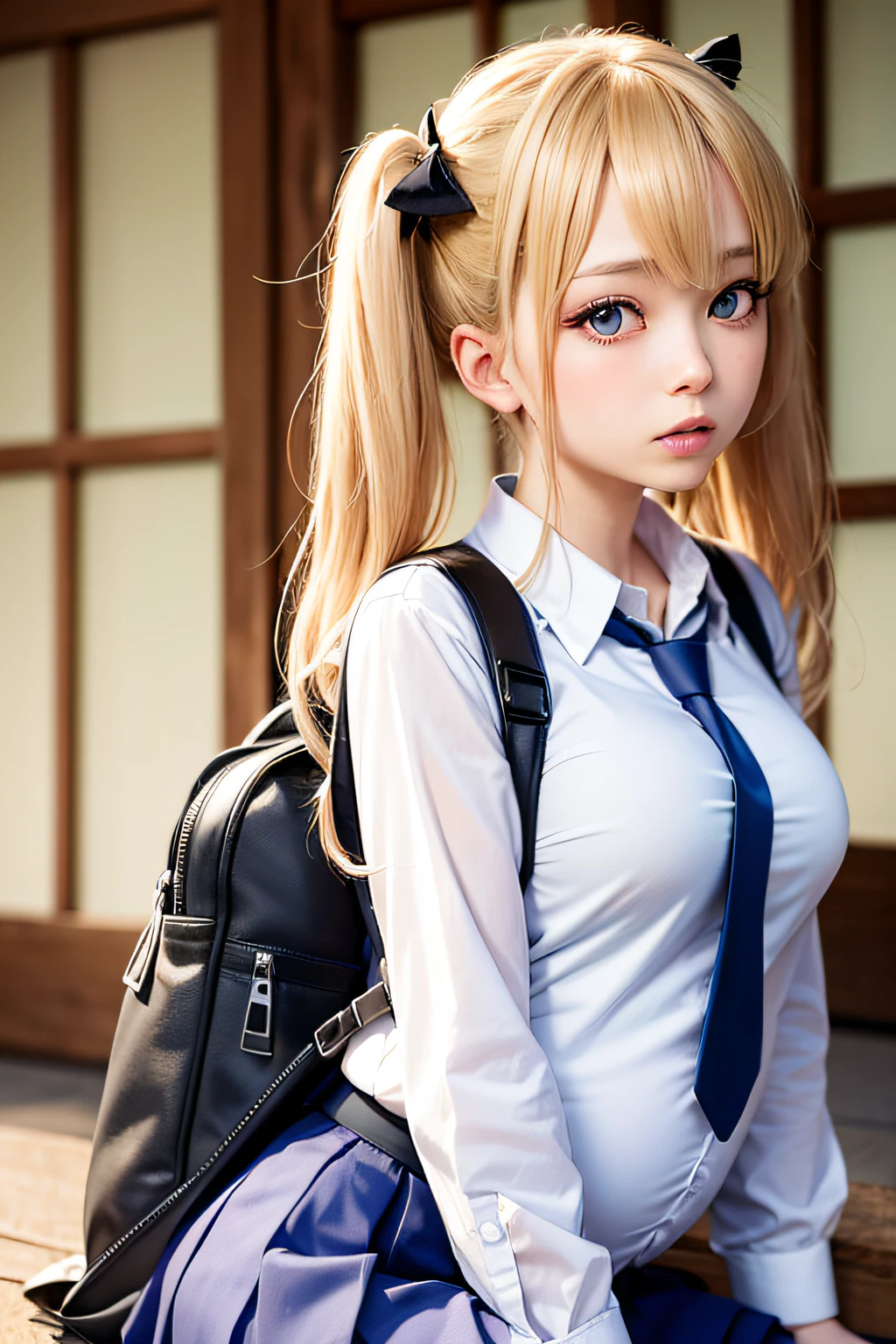 akizuki airi. oni chichi, masterpiece, best quality, super detailed, illustration, flat color, depth of field, 

1 girl, young, anime, sitting, Japanese village, full-length, blonde, twintails, looking at the viewer, red pleated miniskirt, wet white button-down shirt, school uniform, serafuku, blue tie, no bra, black tights, small backpack, detailed leather texture, detailed fabric texture, beautiful detailed face, big breasts, blue eyes, pregnant, tired