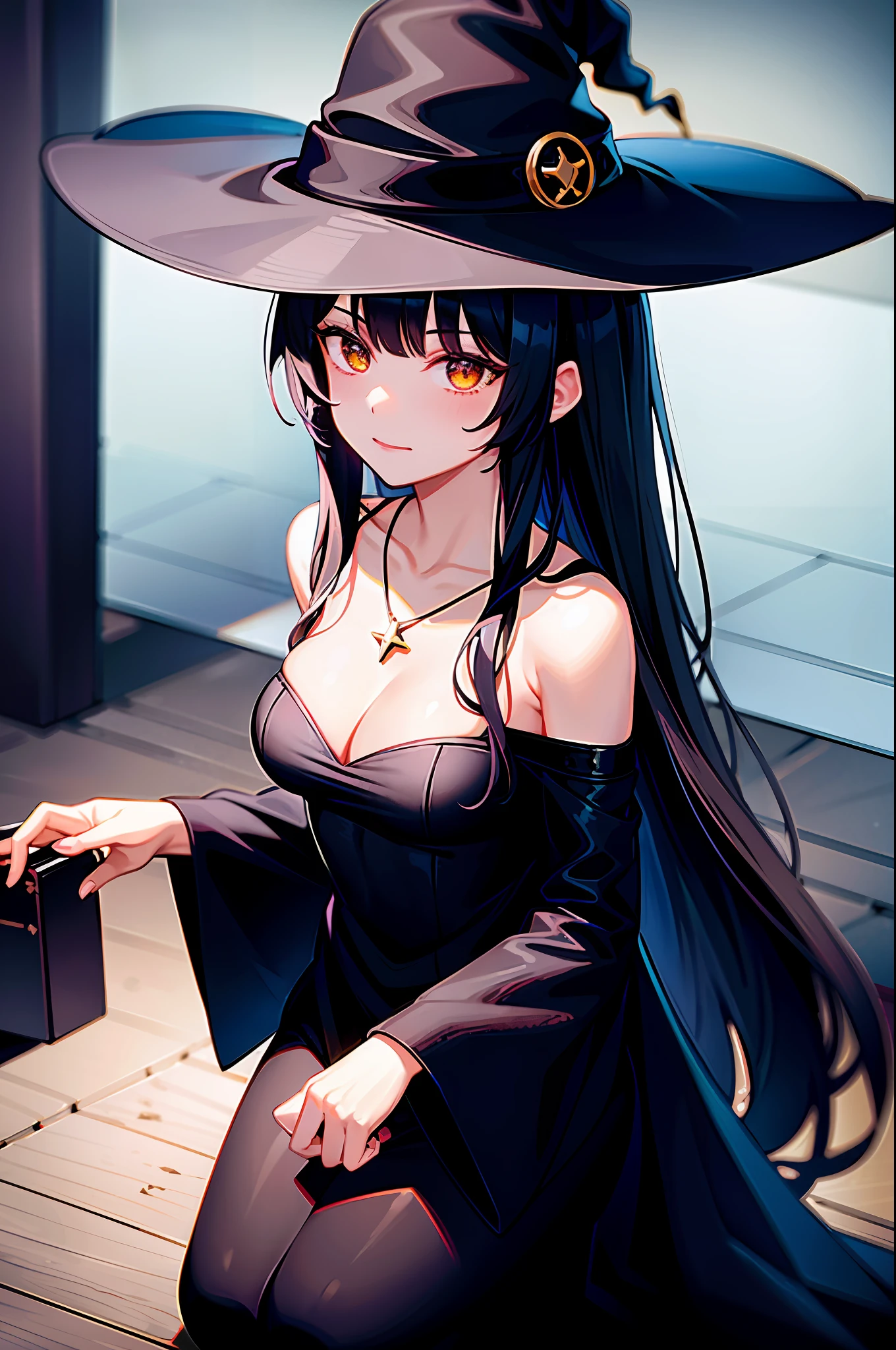 "((a girl)) witch, petting a black cat, wearing a mysterious black necklace, at a secret base. In addition, the witch is surrounded by a magical aura and her skin presents a pale and mysterious tone."