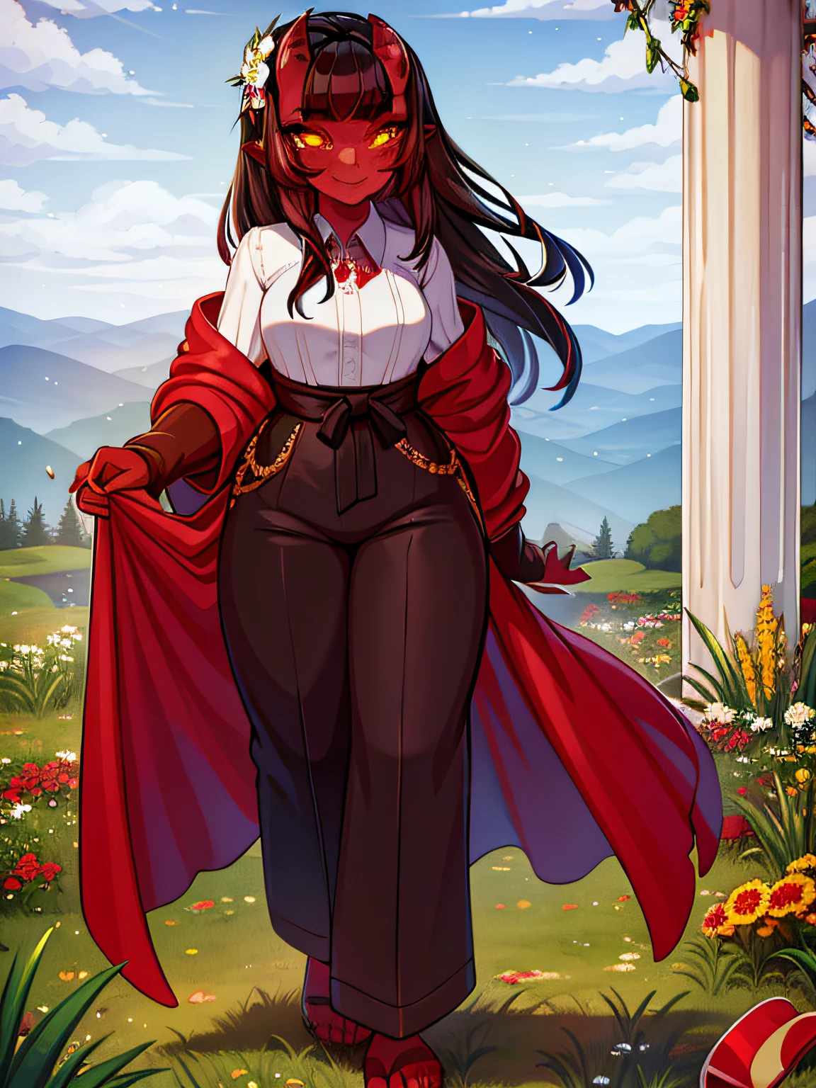 a beautiful and detailed image of meru , merunyaa,(red skin:1.3), horns,(freckles), , , flower hair accessory, yellow eyes,smile, clouds,in front,, fantasy cloths, cloak, pants, holding knife,single character, walking, holding knife, pants, flip flops, solo focus, gothic, medium breast, tall female