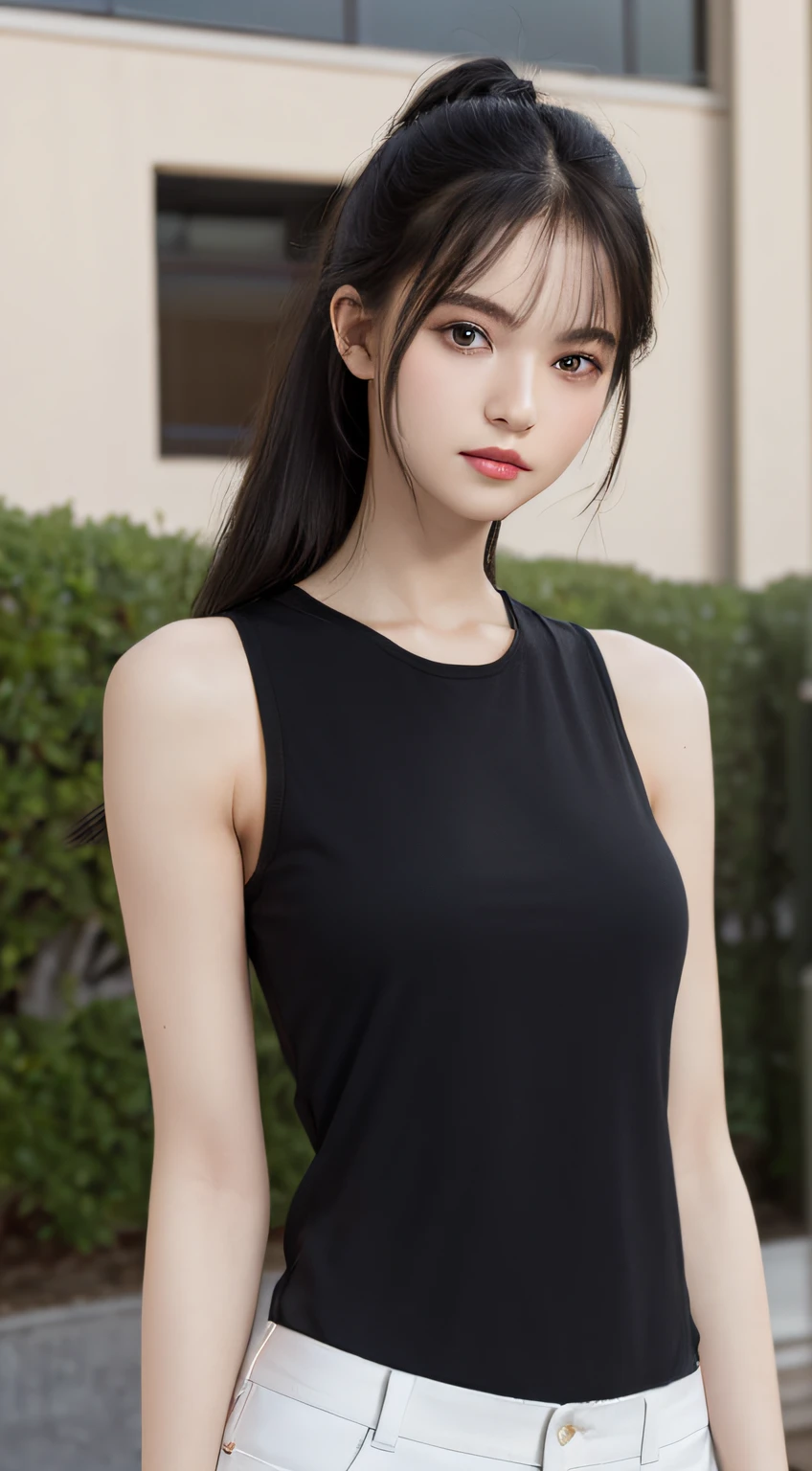 ((Best Quality, 8k, Masterpiece: 1.3)), Full Body, Focus Clear: 1.2, Outstanding Style: 1.4, Slender Abs: 1.2, ((Black Hair, Big: 1.2)), Black Tank Top, Highly Detailed Face and Skin Texture, Detailed Eyes, Double Eyelids