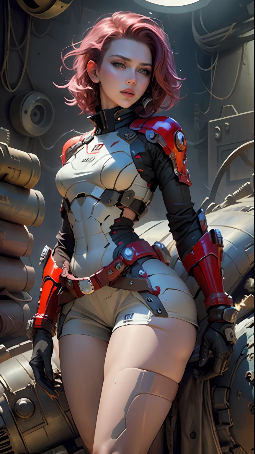 Actress Scarlett Johansson, body defined thick thighs cybernetic body parts, short underwear