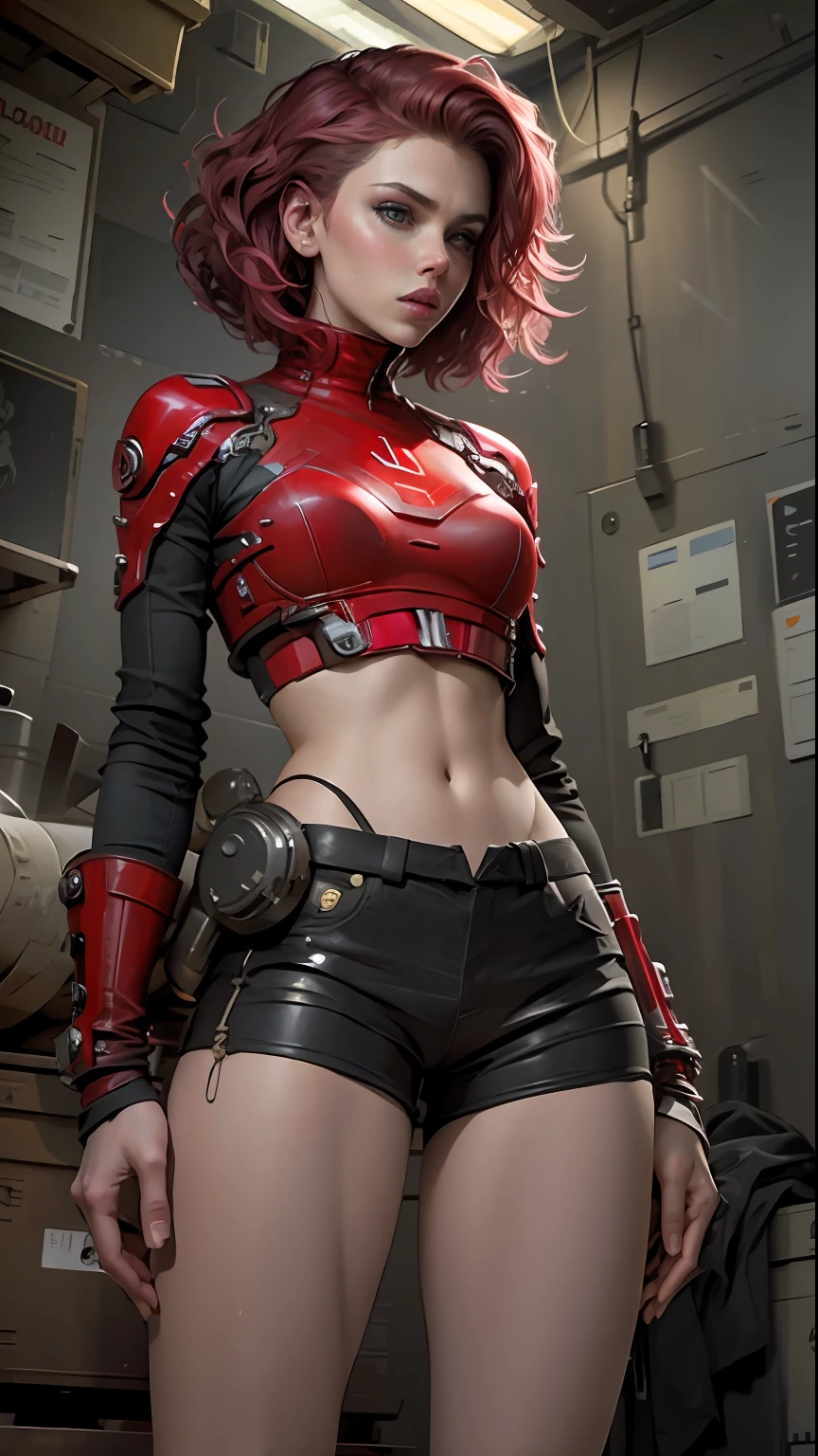 Actress Scarlett Johansson, body defined thick thighs cybernetic body parts, short underwear