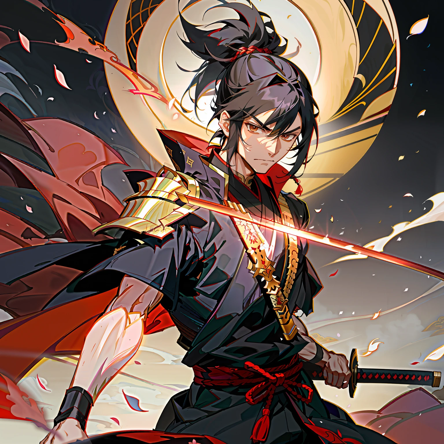 Arash, the Swordsman of the Thousand Armies Based on: The historical figure of Miyamoto Musashi. Physical Characteristics and Dress: Arash is a haughty warrior with black hair tied in a bun. He wears elegant samurai armor and a red cape with gold embroidery. In his hands, he wields two twin swords, bright and sharp as the full moon. Powers: Arash is a master of martial arts, with an unparalleled skill in combat. He possesses extraordinary dexterity and is able to perform fast and precise movements. In addition, he possesses a keen perception and can anticipate the movements of his opponents. His inner strength and concentration are so intense that he can manifest the energy of his swords in powerful blows. Setting: Arash lives in feudal Japan, where honor and the samurai code are the foundation of his society. Its environment consists of lush landscapes, with fields of cherry blossoms and majestic temples. He is a lone ronin, traveling from place to place, protecting the defenseless and challenging the most skilled opponents. Dynamic pose, ultra detailed, 8K, 4K, high resolution, perfectly drawn, extremely detailed, animated pose, cinematic light, cinematic shadow, perfectly drawn hands, detailed face, detailed background, rich background image of details.