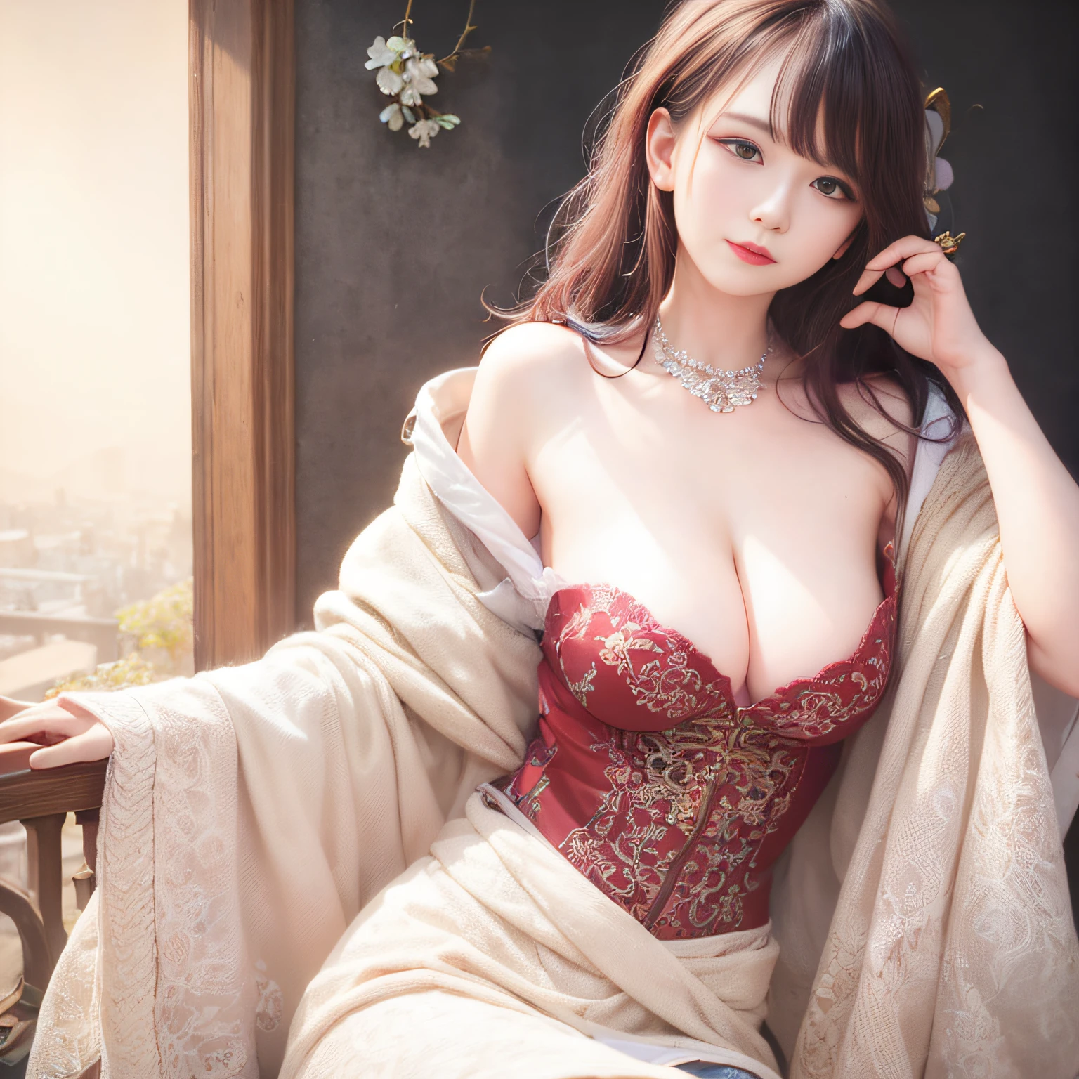 (Realistic:1.5),(raw photo:1.4), (photorealistic:1.3),(masterpiece), best quality, highest quality, extremely detailed CG unity 8k wallpaper, detailed and intricate, original,highres,    [:(detailed face:1.2):0.2],film grain, Fujifilm XT3, (high detailed skin:0.9), 8k,(ulzzang-6500:0.9), balcony, show by rock!!, light smile, cleavage, detailed  gradient background,