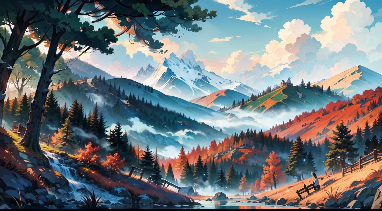 forest, mountains, rivers, clouds, masterpieces, HD, high quality, best quality, highres, high quality, high details, masterpiece, anime style, anime