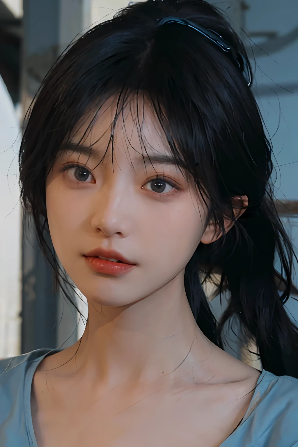 Temperament girl, big breasts, narrow waist delicate facial features, bangs, blue ponytail, messy hair, hair is very realistic, wearing a short-sleeved blue shirt, the background is the sky, sea view, Du Qiong, exquisite makeup, light red lips, big eyes, double eyelids, black holes, bright eyes, symmetrical face, face is very real, meticulously portrayed the girl's face, blush, super high value, looking at the audience, very realistic skin, skin oil reflection, artwork, clothes with real fabric texture, realistic painting, Cinematic style, photography level, ray tracing, realistic light and shadow effects, realism, masterpiece, like the top photography effect, 8K
