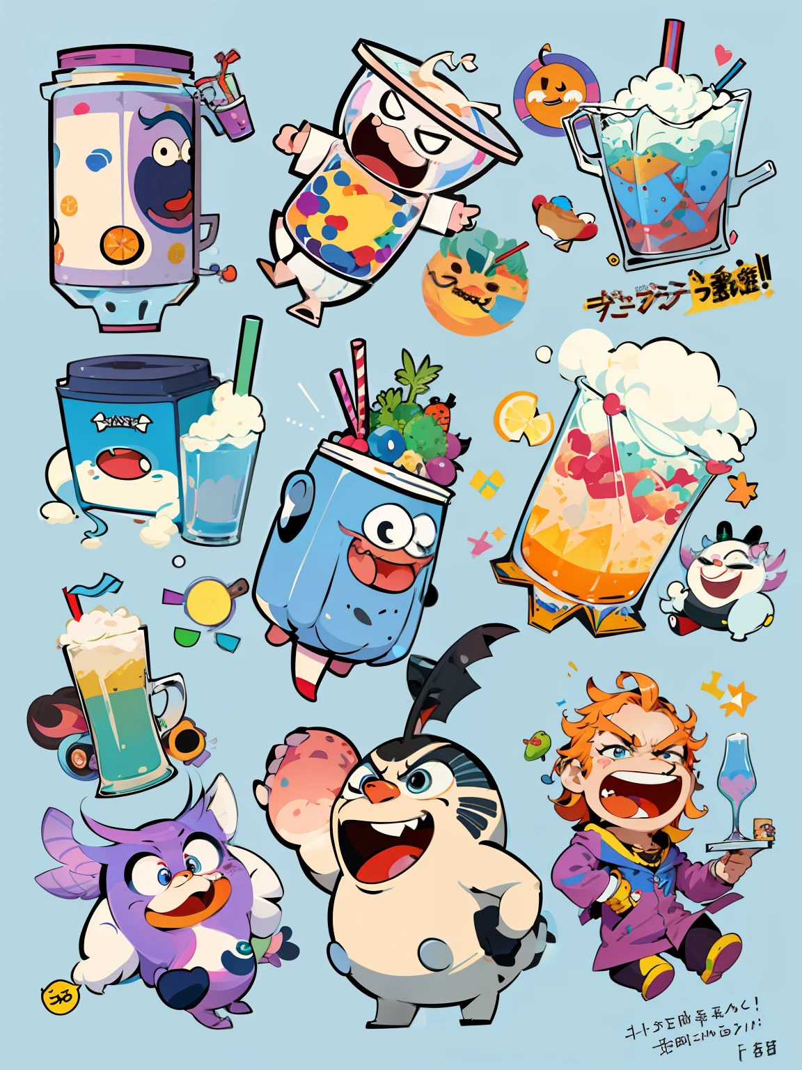 Set of cartoon characters with different drinks and food, cocktails, cartoon beer, sticker illustrations, unused sticker sheets, telegram sticker designs, cartoon vector style, cute characters, sticker sheets, complete character designs, color illustrations, colorful! Character design, highly detailed character design, 8K cartoon illustration, mascot illustration, character illustration