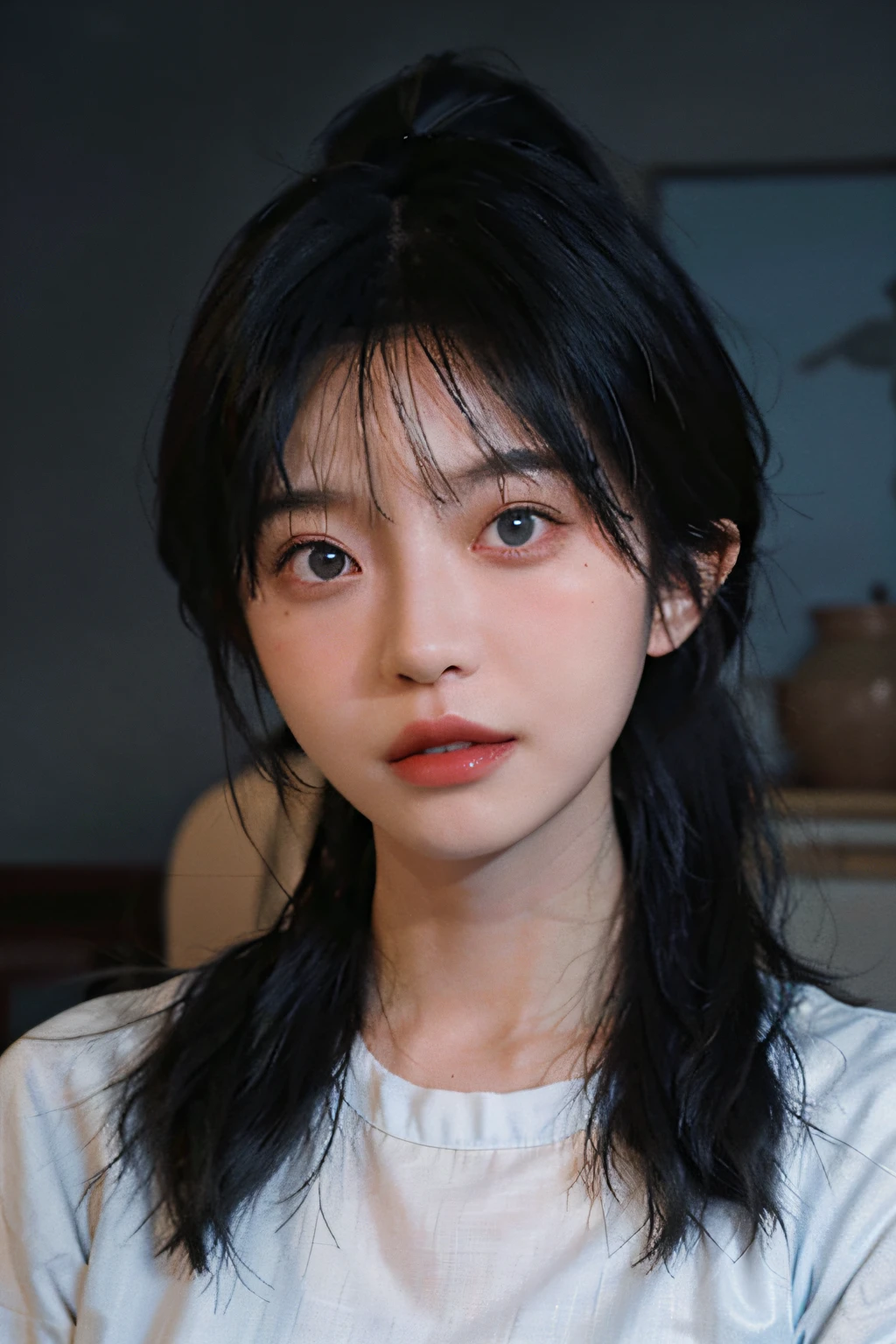 Temperament girl, big breasts, narrow waist delicate facial features, bangs, blue ponytail, messy hair, hair is very realistic, wearing a short-sleeved blue shirt, the background is the sky, sea view, Du Qiong, exquisite makeup, light red lips, big eyes, double eyelids, black holes, bright eyes, symmetrical face, face is very real, meticulously portrayed the girl's face, blush, super high value, looking at the audience, very realistic skin, skin oil reflection, artwork, clothes with real fabric texture, realistic painting, Cinematic style, photography level, ray tracing, realistic light and shadow effects, realism, masterpiece, like the top photography effect, 8K