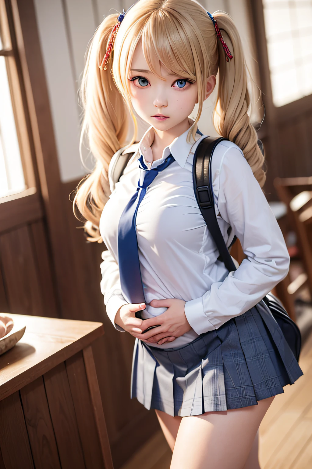 akizuki airi. oni chichi, masterpiece, best quality, super detailed, illustration, flat color, depth of field,
1 girl, young, anime, standing, japanese village, full-length, blonde, twintails, reading a book, red pleated miniskirt, wet white button-down shirt, school uniform, serafuku, blue tie, no bra, black tights, small backpack, detailed skin texture, detailed fabric texture, beautiful detailed face, big breasts, blue eyes, pregnant, tired