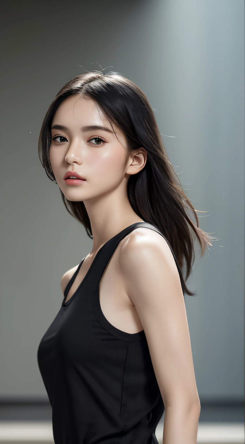 ((Best Quality, 8k, Masterpiece: 1.3)), Full Body, Focus Clear: 1.2, Outstanding Style: 1.4, Slender Abs: 1.2, ((Black Hair, Big: 1.2)), Black Tank Top, Highly Detailed Face and Skin Texture, Detailed Eyes, Double Eyelids