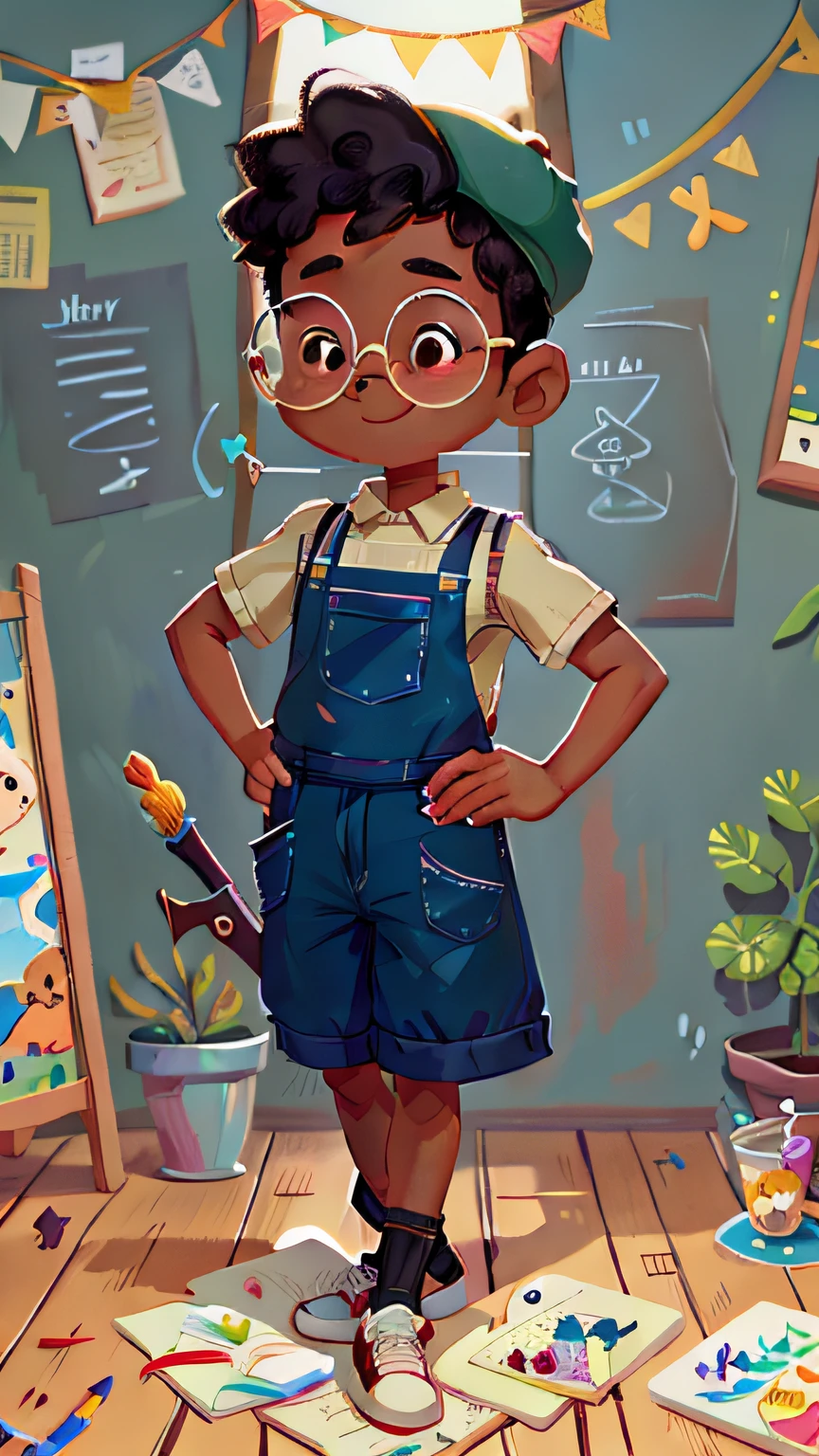 A black boy, round glasses, apron, painter, cap, painting, happy, perfect quality, clear focus (clutter - house: 0.8), (masterpiece: 1.2) (realistic: 1.2)(best quality) (detailed skin: 1.3) (intricate details) (8K) (detail eyes) (sharp focus), full body, character concept.