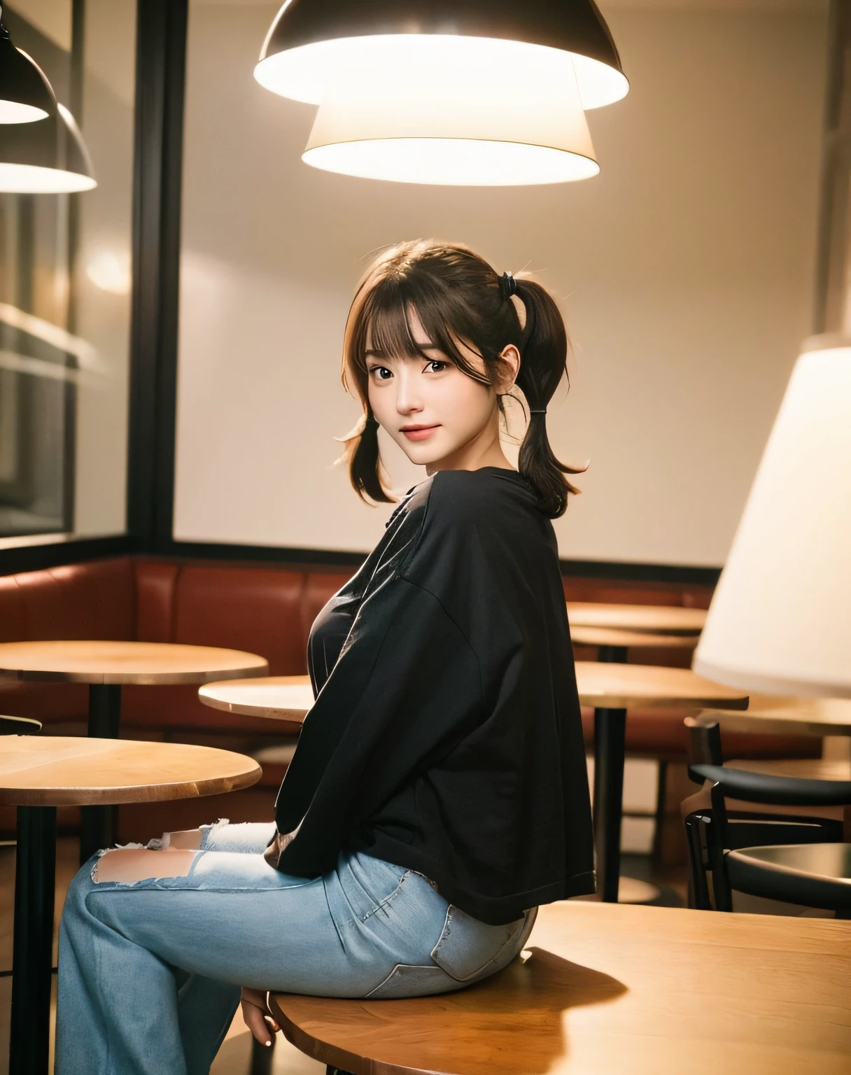 ((Top Quality, 8K, Masterpiece: 1.3)), Focus: 1.2, Instagram, Bright Lighting, T-shirt, Oversized T-Shirt, Graphic T-Shirt, Logo Design T-Shirt, Heavyweight T-Shirt, (in a café), Fashionable café, highly detailed face and skin texture, delicate eyes, double eyelids, whitening skin, (round face: 1.5), short hair, Short twin tails