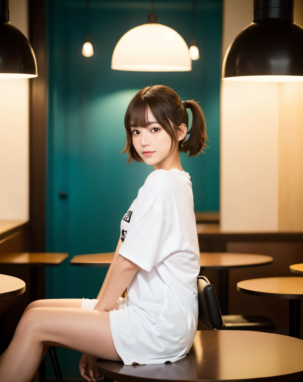 ((Top Quality, 8K, Masterpiece: 1.3)), Focus: 1.2, Instagram, Bright Lighting, T-shirt, Oversized T-Shirt, Graphic T-Shirt, Logo Design T-Shirt, Heavyweight T-Shirt, (in a café), Fashionable café, highly detailed face and skin texture, delicate eyes, double eyelids, whitening skin, (round face: 1.5), short hair, Short twin tails