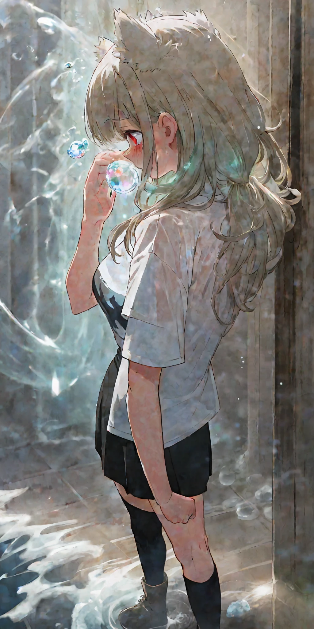 JK girl with her hands against the wall, back to back, turned back, turned back, perfect figure ((black tight T-shirt)), miniskirt, miniskirt, miniskirt, white transparent stockings, red eyes, animal ears, sweating, blushing, blushing, shy, crying, tearing, messy, soaked all over, soaked all over, soaked all over, bare back, exposed bottoms, protruding chest, messy clothes, ready to take off the clothes on the body, drenched, (swing, huge crystal, magic light, soap bubbles, Tyndall effect), Pastel color (high resolution: 0.2), (best quality), (masterpiece), (detailed),