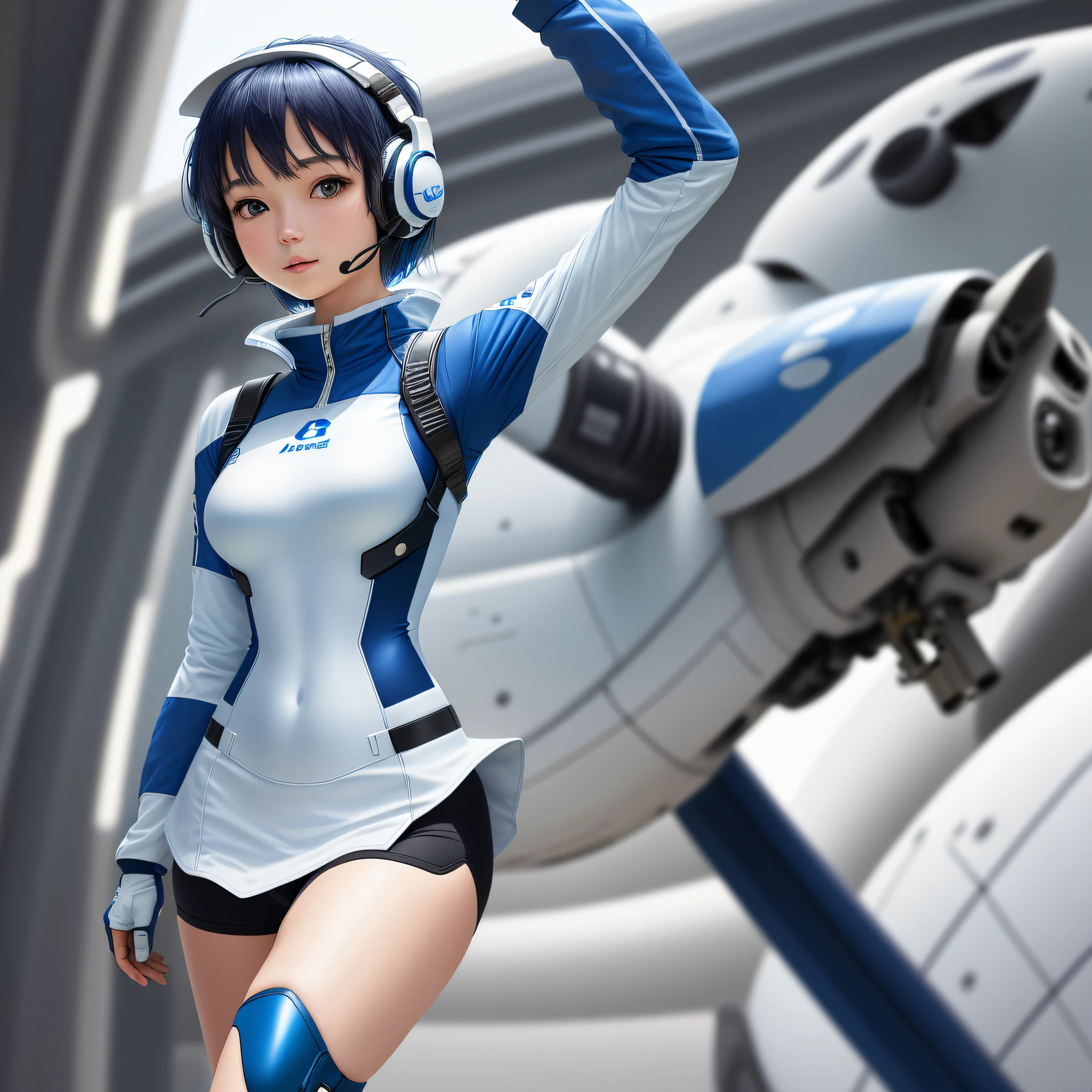 (Masterpiece, highest quality, highest resolution, distinct_image, detailed details): (Solo, 1 girl, Japan face, short blue haired girl, full body figure, small breasts, sparkling blue colored eyes, flight pilot suit in white and blue color, tight fit clothes, clothes covering the whole body, beauty, slim body, exoskeleton, dynamic pose, knee boots, headset)