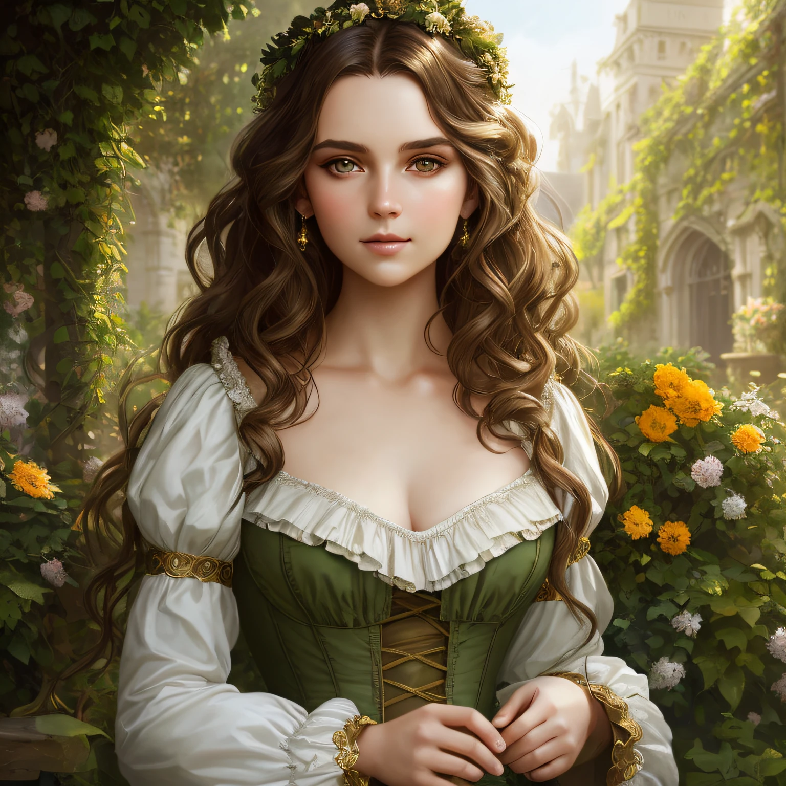 masterpiece olive skin, detailed beautiful very curvy young melanie wilkes in regency lady dress, golden brown hair, medium wavy and messy hair, detaiiled perfect bright green eyes, delicate symmetric realistic and beautiful face, (sunny garden backgroung), fairy, full body, masterpiece, absurdres, fine detail, rich colors, dramatic lighting, extremely detailed, cinematic lightinghyperdetailed painting, luminism, Bar lighting, complex, 4k resolution concept art portrait by Greg Rutkowski, Artgerm, WLOP, Alphonse Mucha, little fusion pojatti realistic goth: a stunning realistic photograph 30 years