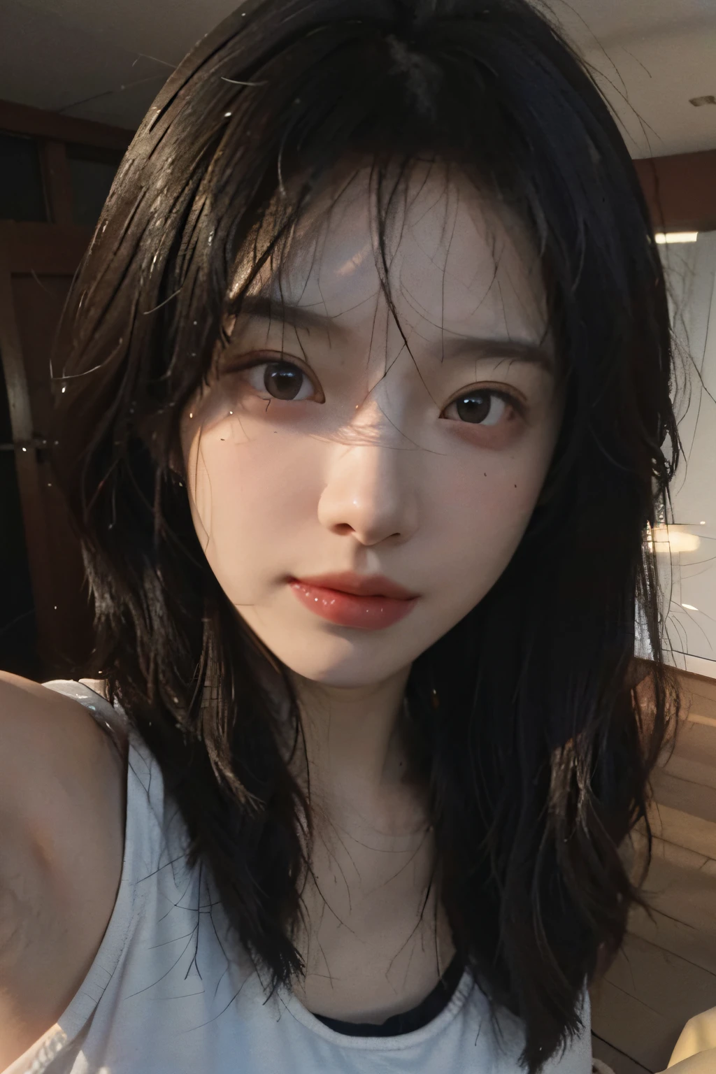 8K, Best Quality, Masterpiece, Ultra High Resolution, (Realism: 1.4), Original Photo, (Realistic Skin Texture: 1.3), (Film Grain: 1.3), (Selfie Angle), 1 Girl, Beautiful Eyes and Face Details, Masterpiece, Best Quality, Close-up, Upper Body, Looking at the Viewer