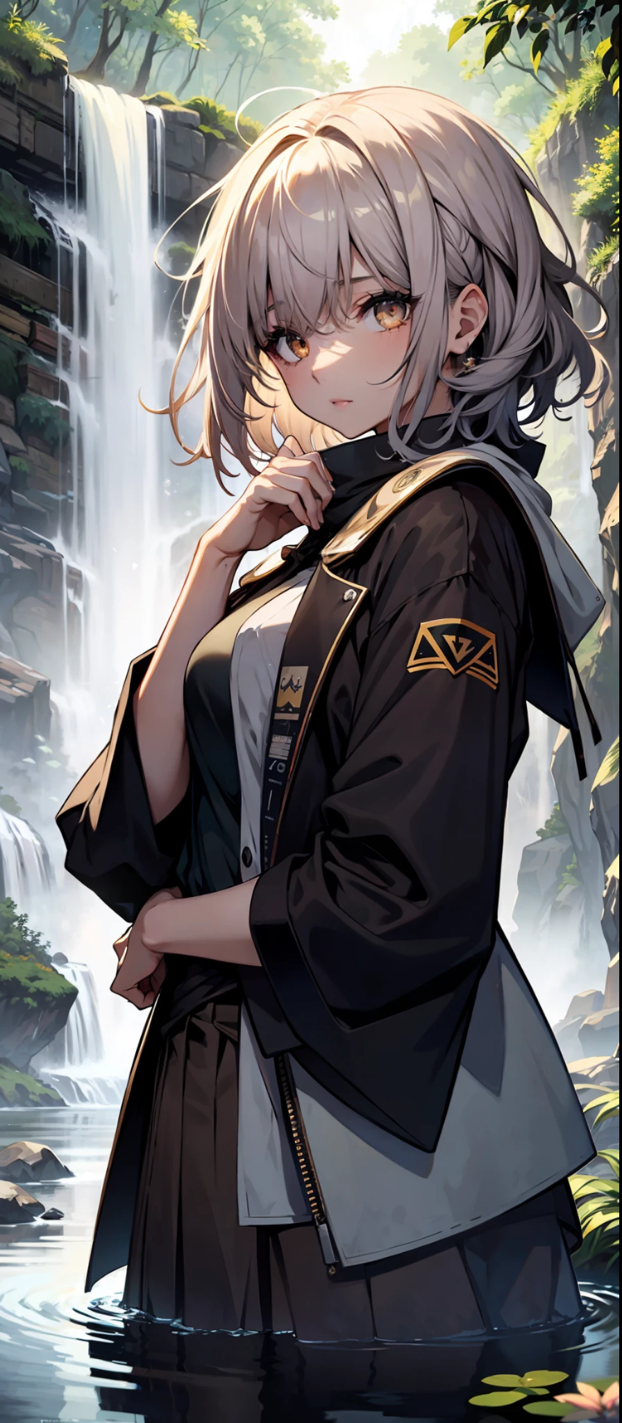 In the pond below the waterfall, 1 beautiful girl, short hair with long locks, standing, (broken) ((JK uniform)), drenched, drenched, curvaceous, various poses, {{illustration}}, {extremely delicate and beautiful}, {delicate makeup}, ultra-detailed, delicate glowing eyes, {{cinematic light}}, high quality, masterpiece, forest, waterfall, pond, delicate facial features, delicate hair portrayal, delicate eye portrayal, masterpiece , highest quality, ray tracing, extremely detailed CG unity 8k, wallpaper, masterpiece, half body, upper body