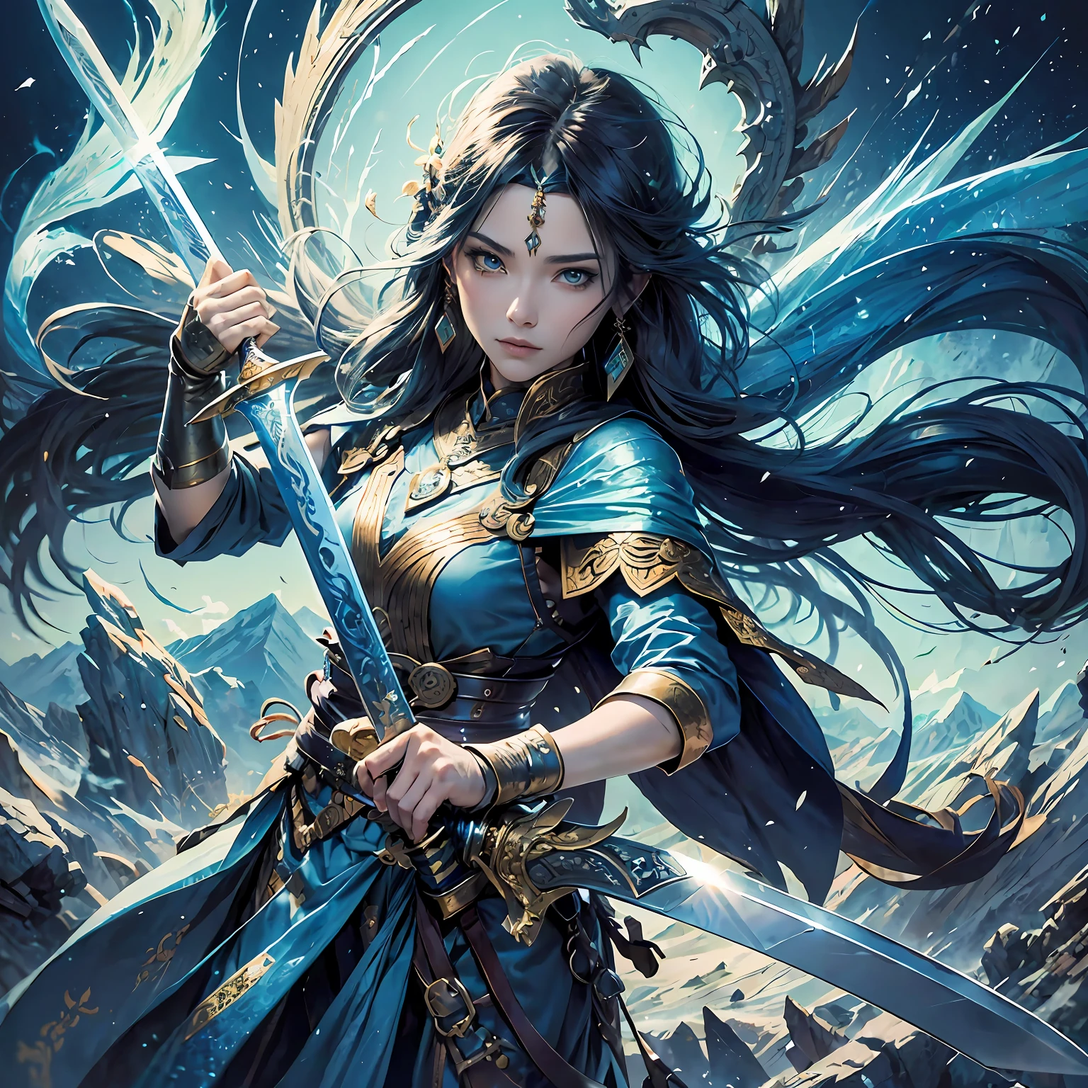 Draw sword, side face, ancient style, fairy, handsome guy, mountain peak, blue sword, 8k --auto --s2