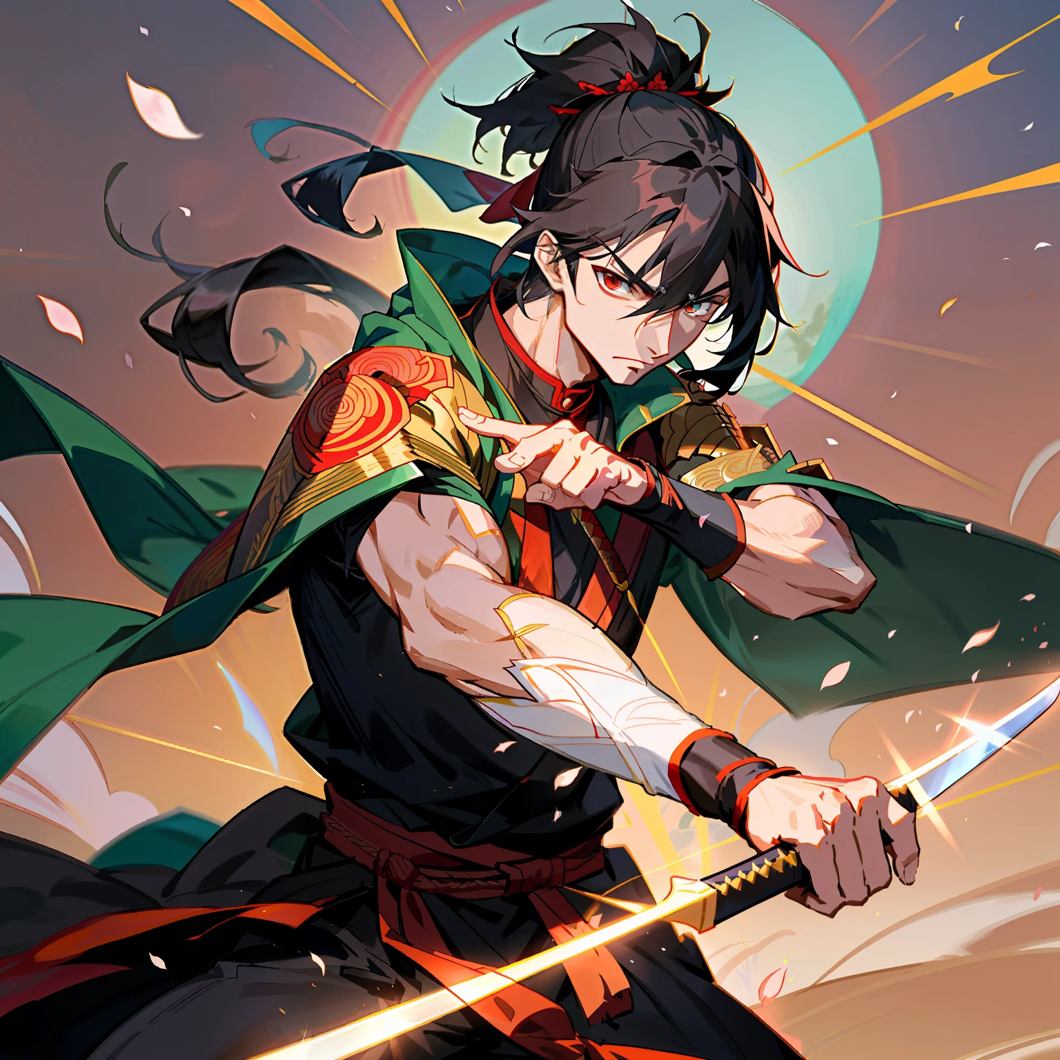 Arash, the Swordsman of the Thousand Armies Based on: The historical figure of Miyamoto Musashi. Physical Characteristics and Dress: Arash is a haughty warrior with black hair tied in a bun. He wears elegant samurai armor and a red cape with gold embroidery. In his hands, he wields two twin swords, bright and sharp as the full moon. Powers: Arash is a master of martial arts, with an unparalleled skill in combat. He possesses extraordinary dexterity and is able to perform fast and precise movements. In addition, he possesses a keen perception and can anticipate the movements of his opponents. His inner strength and concentration are so intense that he can manifest the energy of his swords in powerful blows. Setting: Arash lives in feudal Japan, where honor and the samurai code are the foundation of his society. Its environment consists of lush landscapes, with fields of cherry blossoms and majestic temples. He is a lone ronin, traveling from place to place, protecting the defenseless and challenging the most skilled opponents. Dynamic pose, ultra detailed, 8K, 4K, high resolution, perfectly drawn, extremely detailed, animated pose, cinematic light, cinematic shadow, perfectly drawn hands, detailed face, detailed background, rich background image of details.