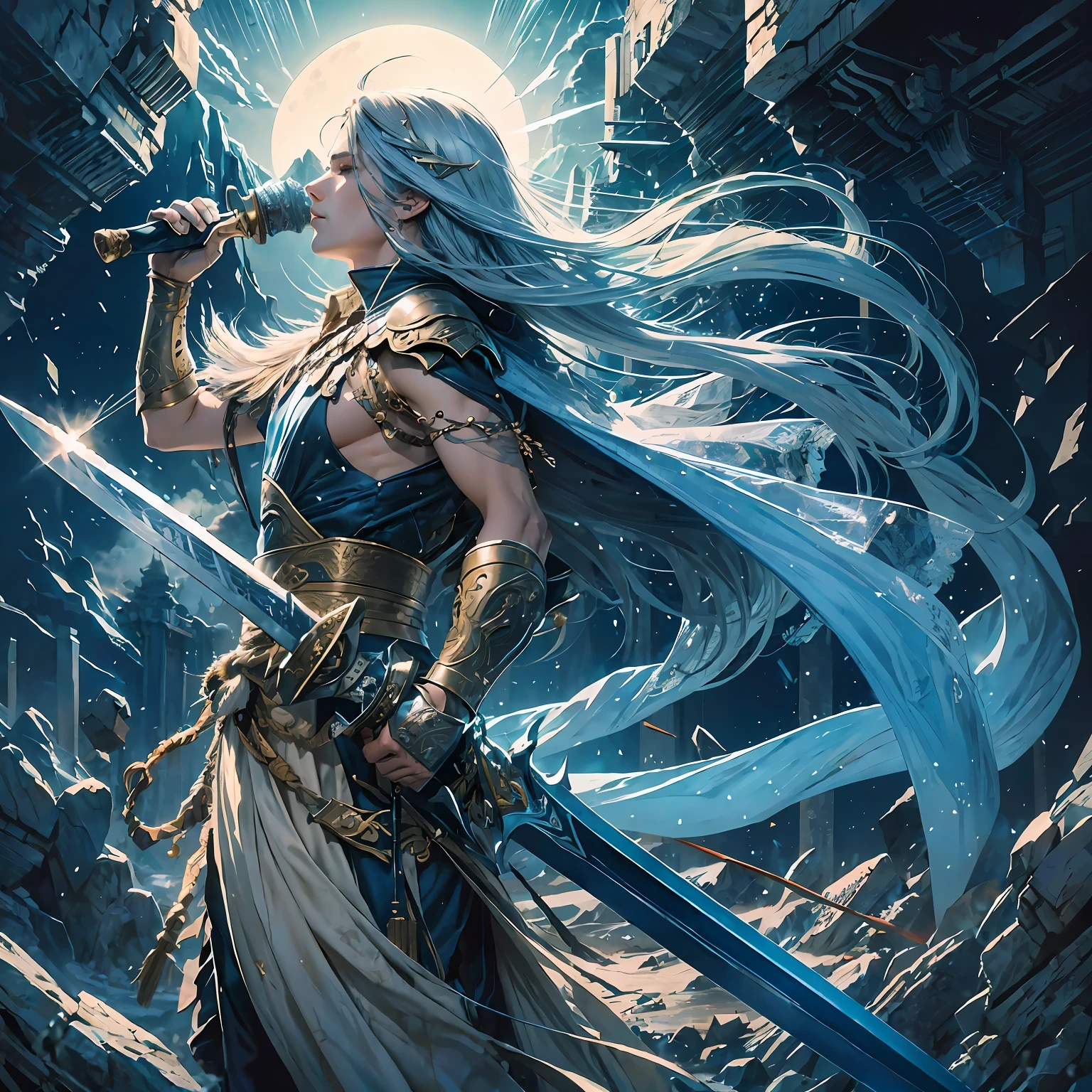 Draw sword, side face, ancient style, fairy, handsome guy, mountain peak, blue sword, 8k --auto --s2