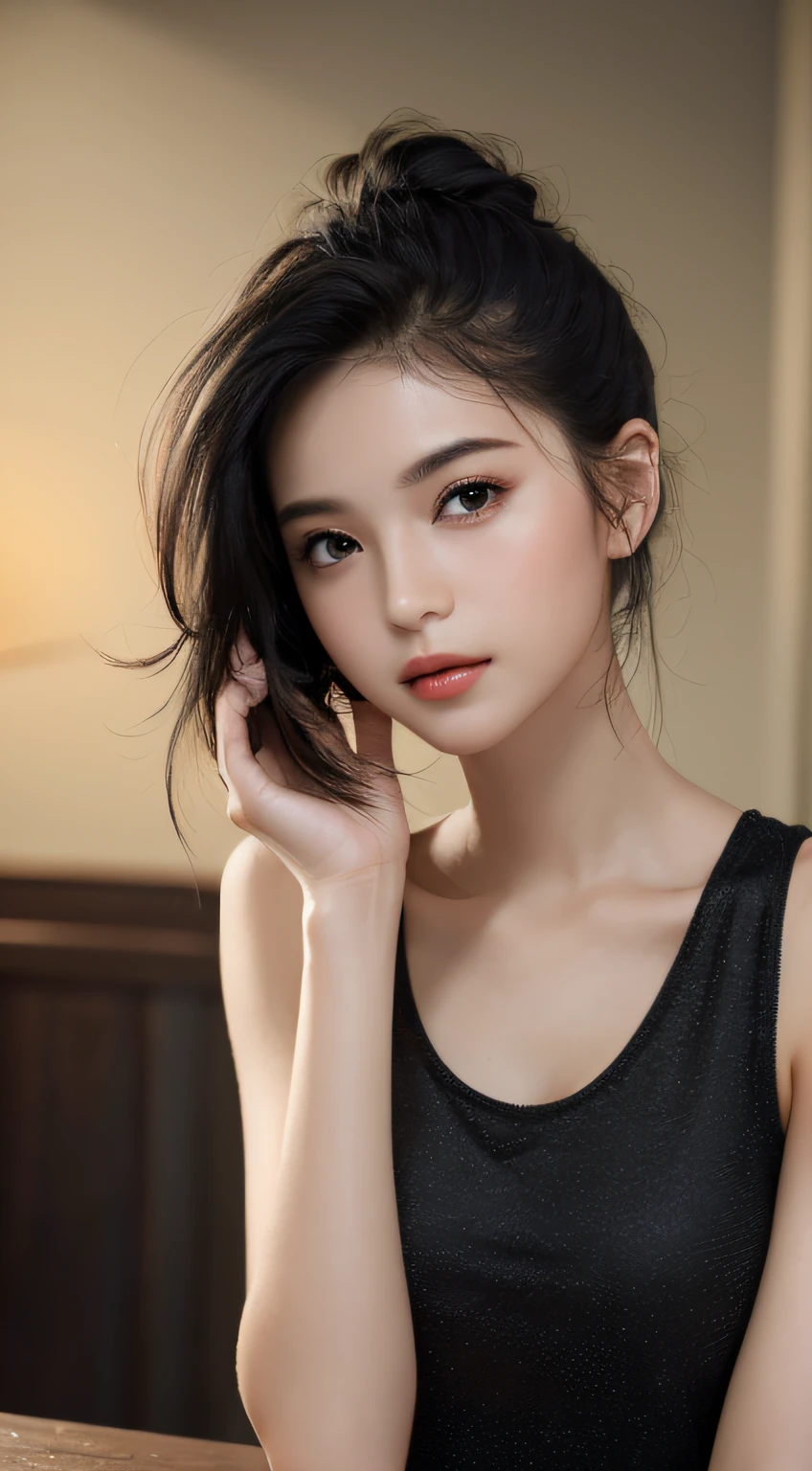 ((Best Quality, 8k, Masterpiece: 1.3)), Full Body, Focus Clear: 1.2, Outstanding Style: 1.4, Slender Abs: 1.2, ((Black Hair, Big: 1.2)), Black Tank Top, Highly Detailed Face and Skin Texture, Detailed Eyes, Double Eyelids