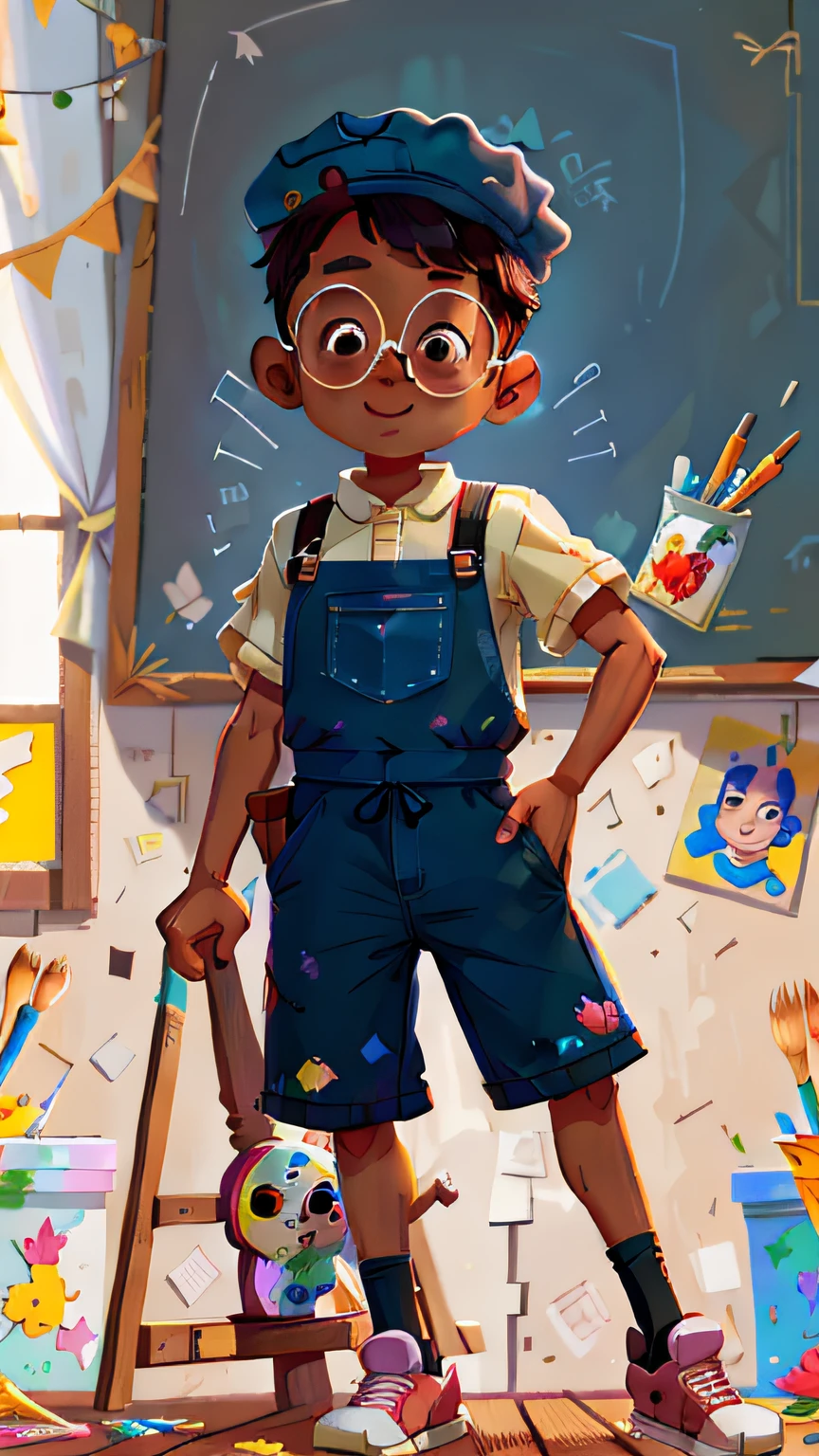 A black boy, round glasses, apron, painter, cap, painting, happy, perfect quality, clear focus (clutter - house: 0.8), (masterpiece: 1.2) (realistic: 1.2)(best quality) (detailed skin: 1.3) (intricate details) (8K) (detail eyes) (sharp focus), full body, character concept.