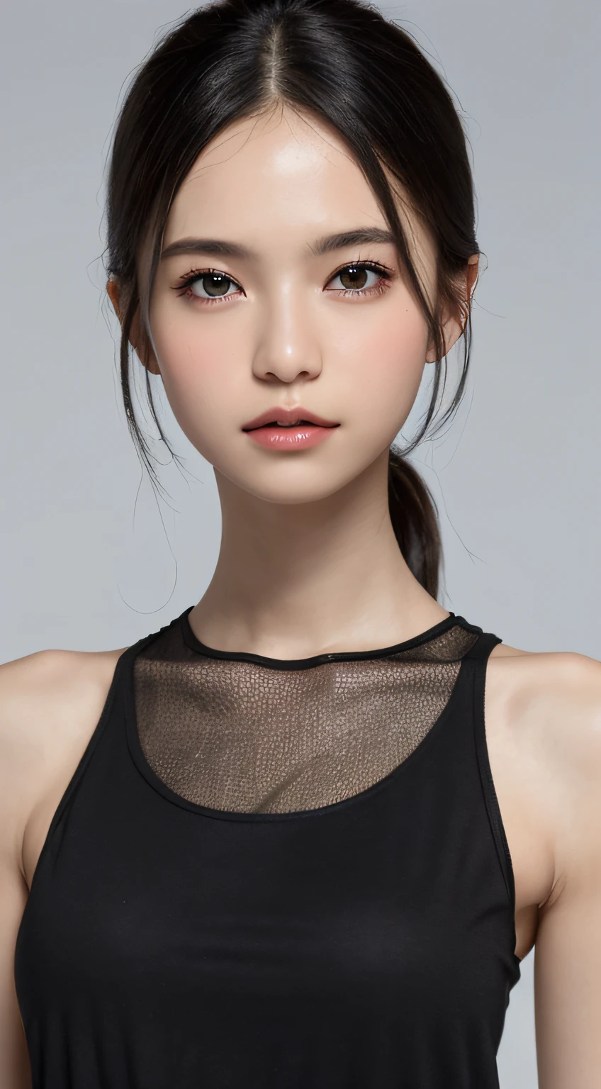 ((Best Quality, 8k, Masterpiece: 1.3)), Full Body, Focus Clear: 1.2, Outstanding Style: 1.4, Slender Abs: 1.2, ((Black Hair, Big: 1.2)), Black Tank Top, Highly Detailed Face and Skin Texture, Detailed Eyes, Double Eyelids