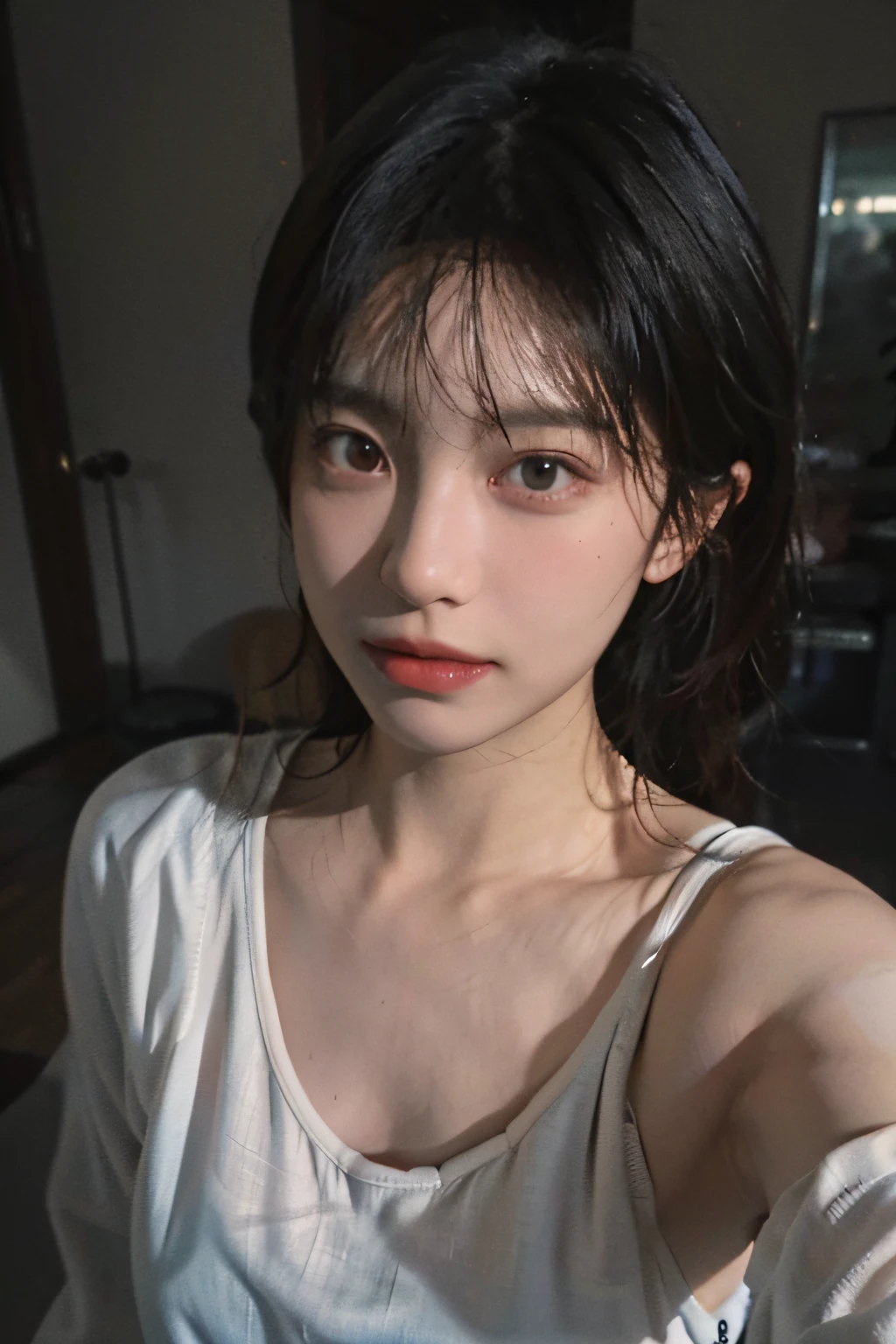 8K, Best Quality, Masterpiece, Ultra High Resolution, (Realism: 1.4), Original Photo, (Realistic Skin Texture: 1.3), (Film Grain: 1.3), (Selfie Angle), 1 Girl, Beautiful Eyes and Face Details, Masterpiece, Best Quality, Close-up, Upper Body, Looking at the Viewer