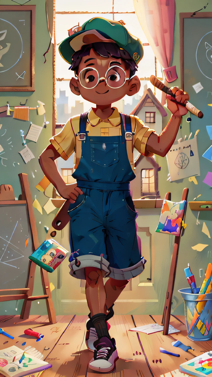 A black boy, round glasses, apron, painter, cap, painting, happy, perfect quality, clear focus (clutter - house: 0.8), (masterpiece: 1.2) (realistic: 1.2)(best quality) (detailed skin: 1.3) (intricate details) (8K) (detail eyes) (sharp focus), full body, character concept.