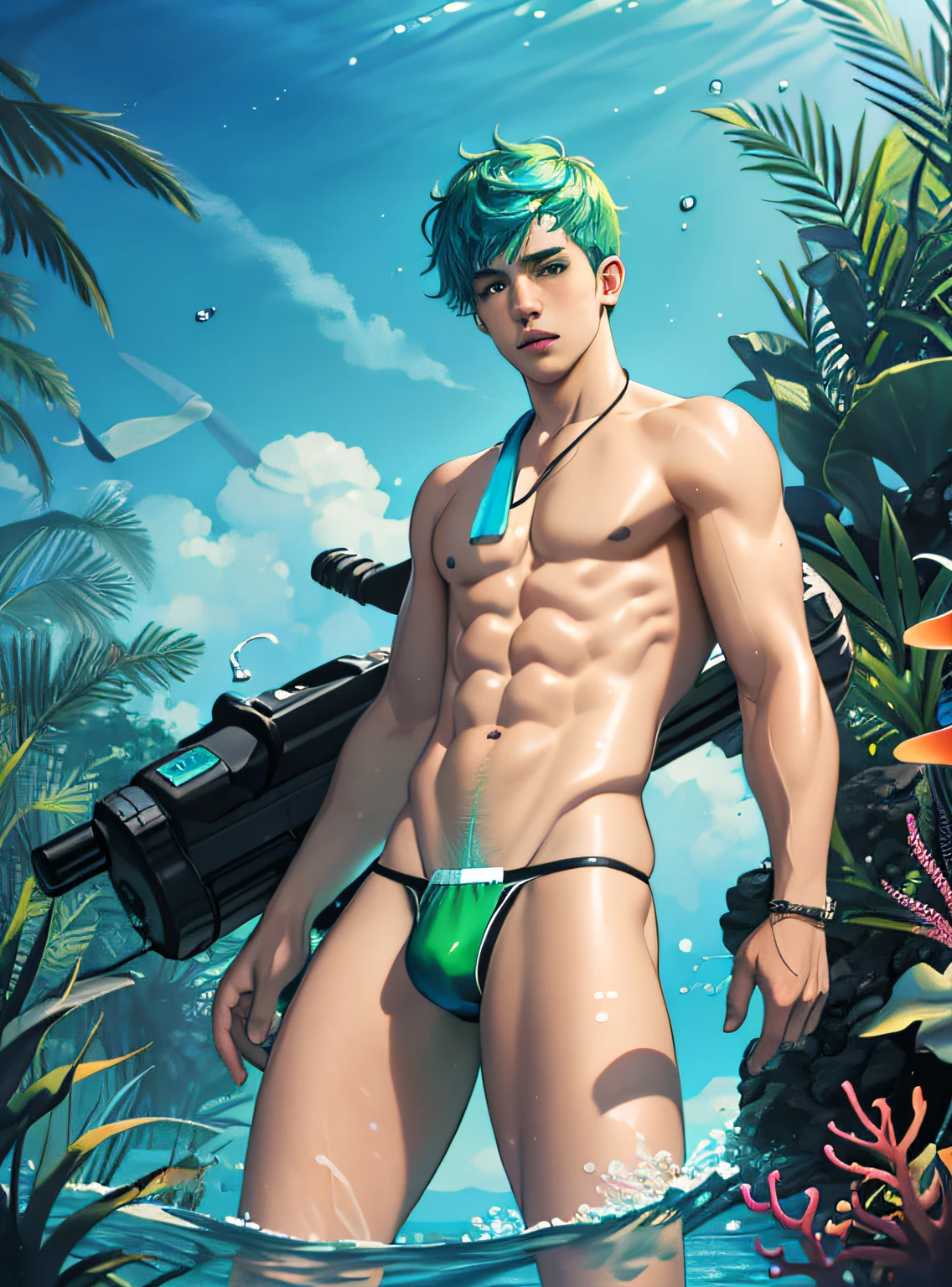 (hyper-realistic digital illustration), hires, best quality, small thong, full mast, bulge, underwater world, wide angle, swimming, athletic body, male, iridescent skin, flat chest, perfect eyes, messy green hair ,  bio-luminescent