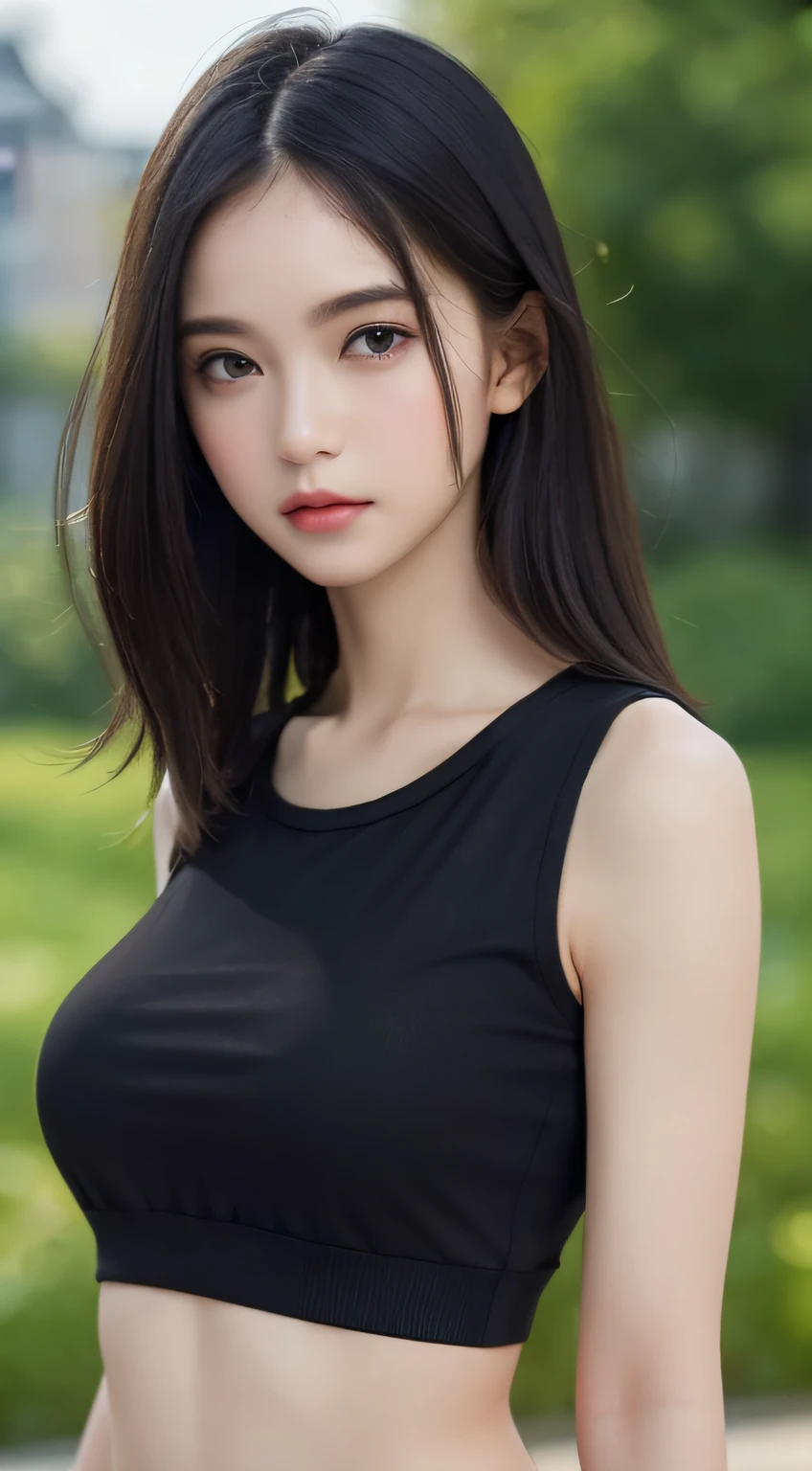 ((Best Quality, 8k, Masterpiece: 1.3)), Full Body, Focus Clear: 1.2, Outstanding Style: 1.4, Slender Abs: 1.2, ((Black Hair, Big: 1.2)), Black Tank Top, Highly Detailed Face and Skin Texture, Detailed Eyes, Double Eyelids