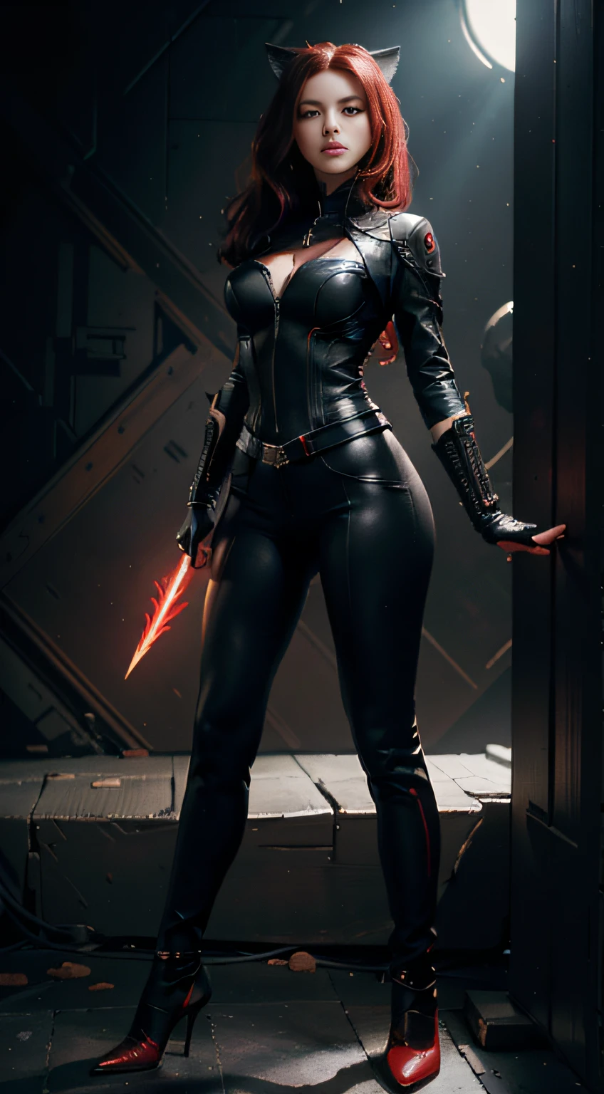 Full body front view visible on feet: 1.5, headlights: 1.5, a standing character: 1.2, highly creative illustration depicting a hybrid of DC Horn Girl and Marvel character Black Widow, black metal cat ears, holding black leather whip, white background, illustration, in artgerm style, highly detailed suit, red and black, symmetrical asymmetry, heavy shadow, slim waist, thin legs, thin gap, cameltoe, jan weenix, (((ultra-detailed)), (((best quality))), (((Masterpiece)), High resolution, 8K, Anatomically correct, Ultra HD
