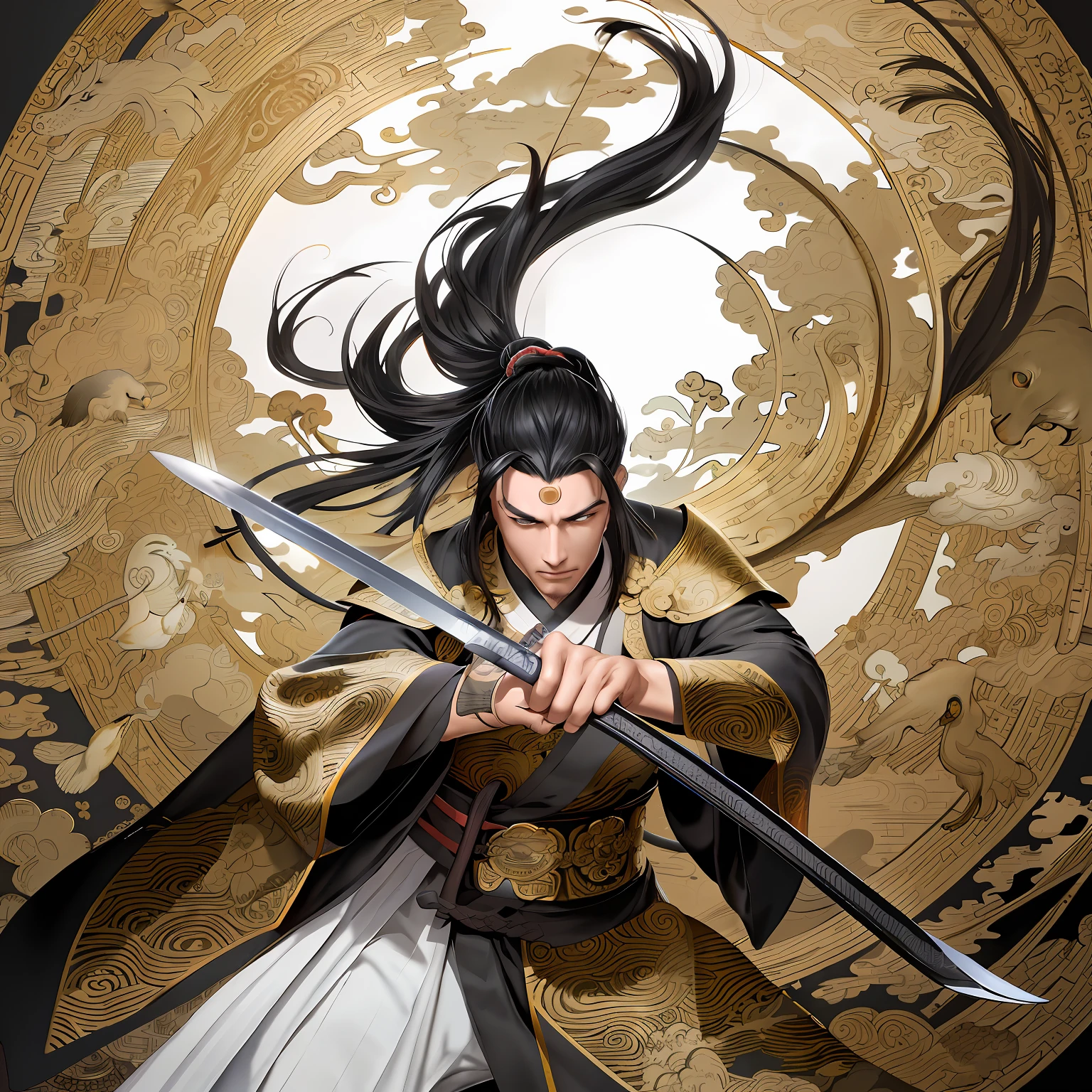 A bird's - eye view of a super - giant Chinese holy tiger in focus,POV view, Handsome male swordsman in ancient China pouncing to viewer in black and gold hanfu, Tang Dynasty, Song Dynasty, realistic hyper detailed render style, China, ink background, zbrush, super realistic oil, exaggerated perspective,flowing long hair, ancient China, black hair, swordsman, white clothes with a bun on top, silver silk embroidery,