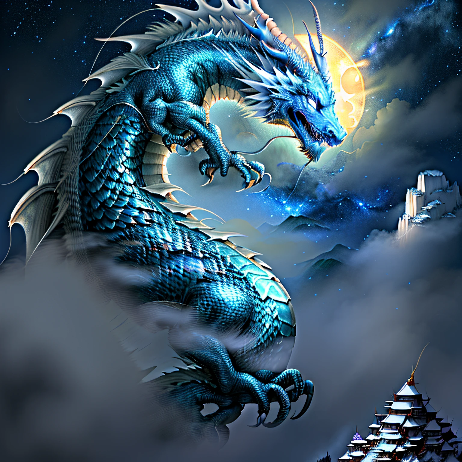 (Dragon God Yin),(Through the Clouds),(Mountain Top), Complex Angle, Dynamic Pose, Ultra-detailed, Supper Detail, Main Creature, Strong Contrast, Thick Limbs, Moonlight, Starry Sky Background, Ultra Bright, Best Quality -v6.
