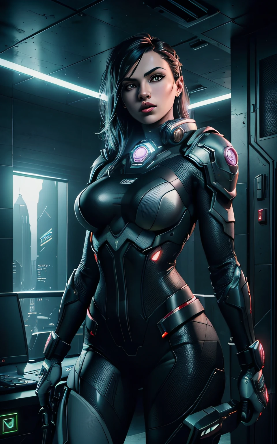 (Comic book style), (Color line art: 1.5), (Best quality), ((Masterpiece)), (detail: 1.4), 3D, Beautiful cyberpunk female image, dark background, HDR (High Dynamic Range), ray tracing, NVIDIA RTX, Super Resolution, Unreal 5, Subsurface scattering, PBR textures, Post processing, Anisotropic filtering, Depth of field, Maximum sharpness and sharpness, Multi-layer textures, Albedo and highlight maps, Surface shading, Accurate simulation of light-material interactions, perfect proportions, octane rendering, duotone lighting, large aperture, low ISO, white balance, rule of thirds, 8K RAW, (realistic: 1.3), (adult: 1.5),