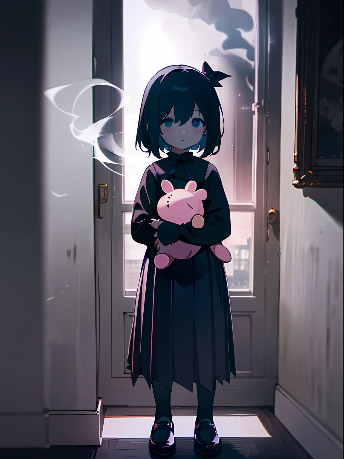 Little girl, wearing a pleated skirt and holding a Peppa Pig doll, standing in front of the window, the eerie picture atmosphere, surrounded by eerie smoke and black shadows, the picture is dominated by dark tones