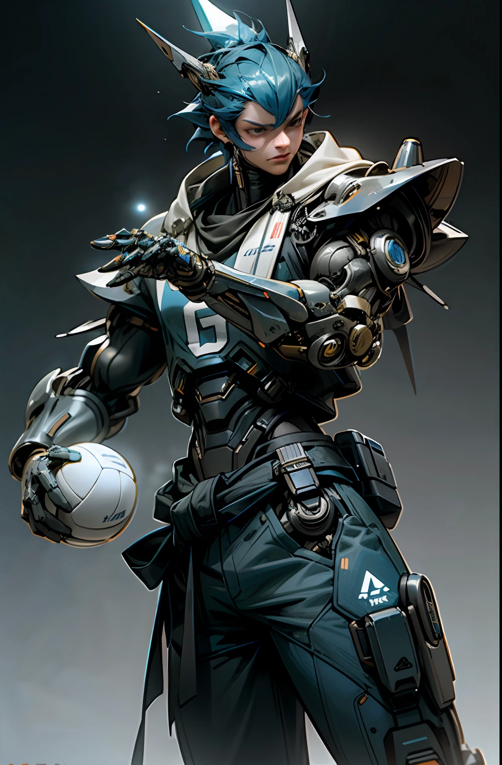 Dark_Fantasy artica, cyberpunk, 1manMechanical marvel, sports presence, cybernetic volleyball player, blue and white ice uniform with ice details,with a volleyball at the waist, absolutely stunning art, wearing a blue shorts, art of the highest quality, highest resolution, hyper detailed, ice, futuristic, futuristic player, atmospheric, 8k, 64k, HD, incomparable masterpiece, dynamic lighting, cinematic, epic with a volleyball in his right hand
