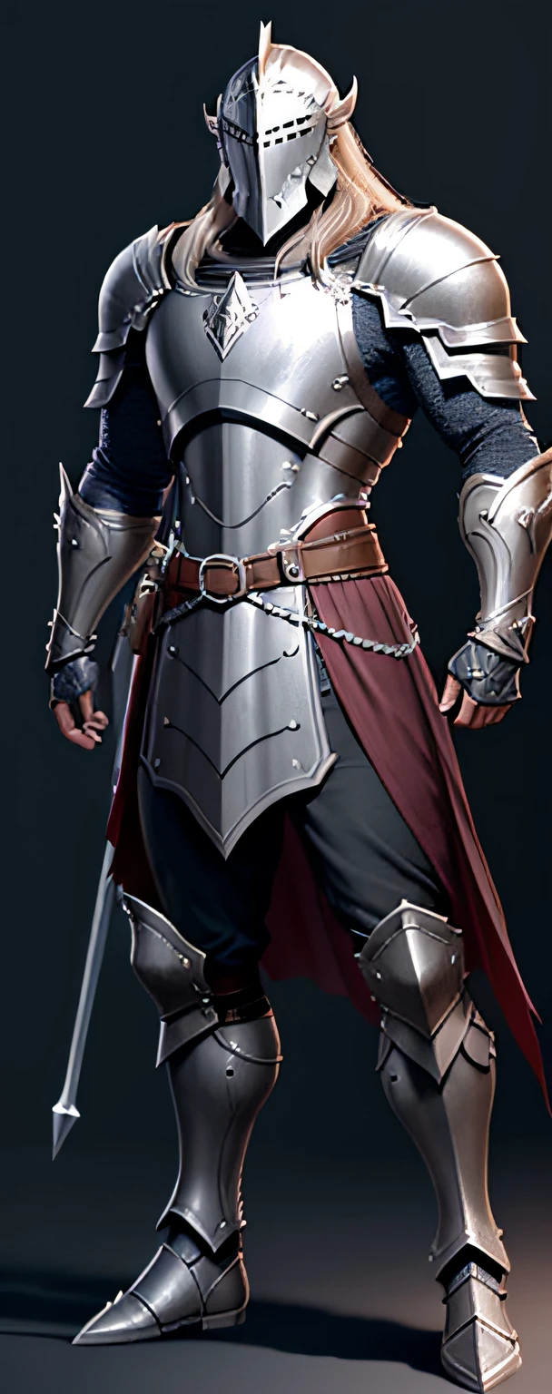 Character standing, only one character in the picture, Imgem model sheet of the feet the head of a paladin, front or back position, Skyrim style, male, bottomless, With armor all over the body, with helmet, with breastplate, shoulder, with leggings, with shin guard, with knee pad, with boot, with armband, Using a chain mail under the armor, with many belts and pinned bags, by Greg Rutkowski and Jeremiah Ketner, cinematic lighting, Paladin armor, concept art of a warrior, 8K character concept art, 8K character concept art, RPG concept art character, Paladin's golden armor, Paladin's epic armor, RPG character concept art, --auto --s2