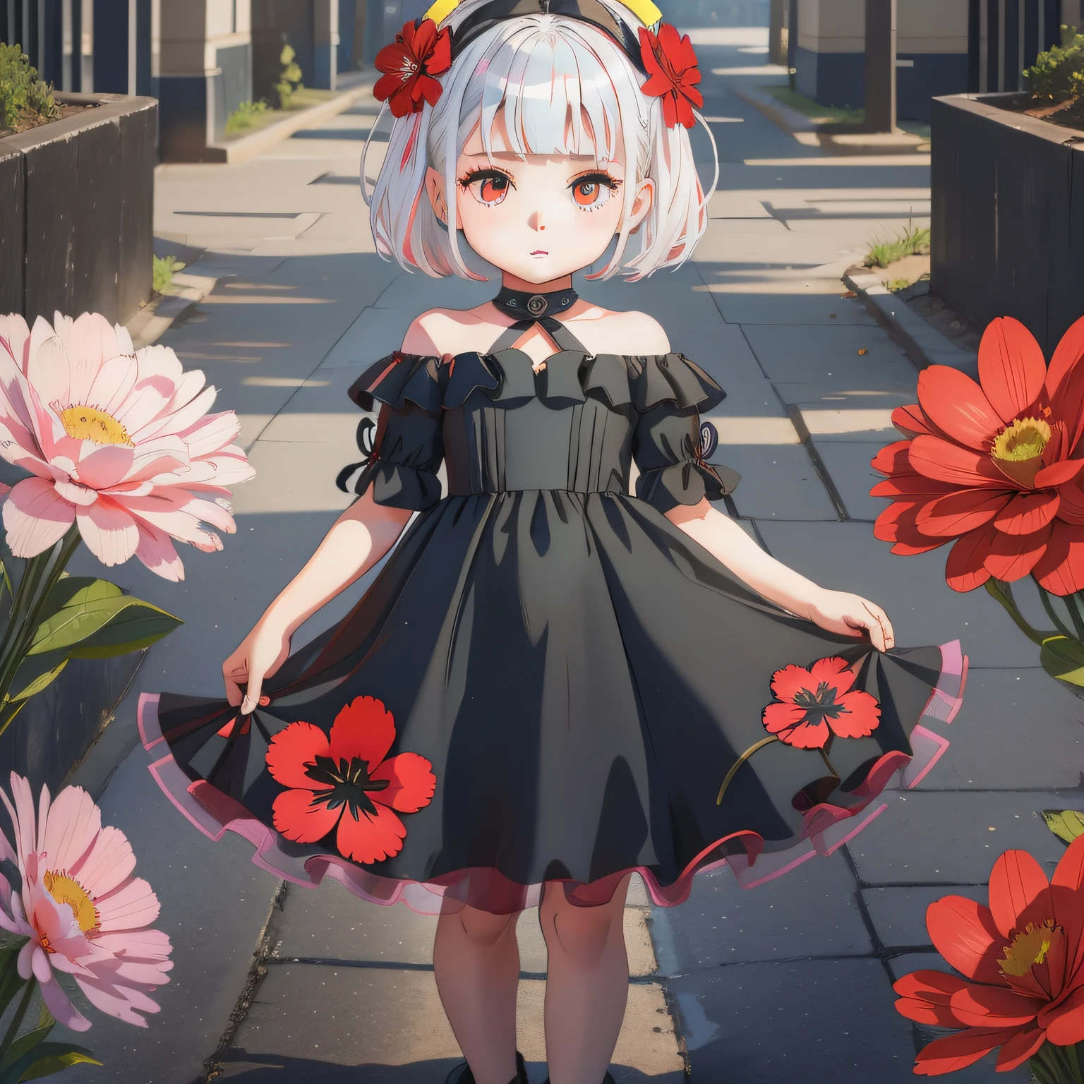 girl with platinum hair, 4-year-old appearance, child, black dress, red flower on head, with superior look, medium hair that reaches just to the shoulders