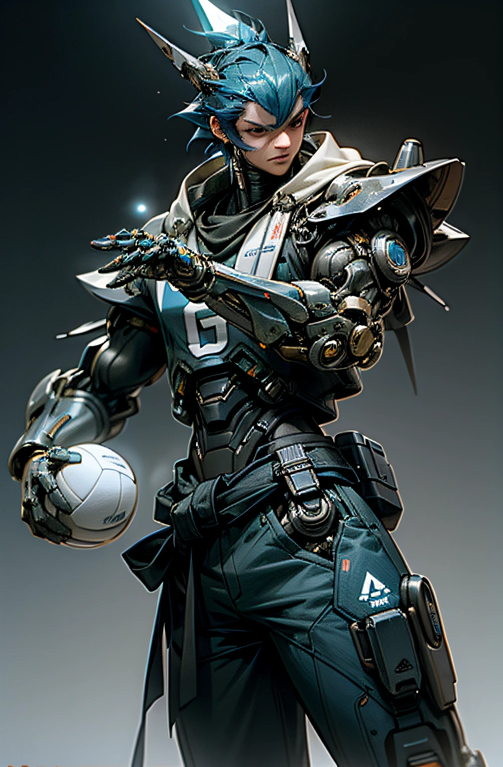 Dark_Fantasy artica, cyberpunk, 1manMechanical marvel, sports presence, cybernetic volleyball player, blue and white ice uniform with ice details,with a volleyball at the waist, absolutely stunning art, wearing a blue shorts, art of the highest quality, highest resolution, hyper detailed, ice, futuristic, futuristic player, atmospheric, 8k, 64k, HD, incomparable masterpiece, dynamic lighting,  cinematic, epic with a volleyball in his right hand