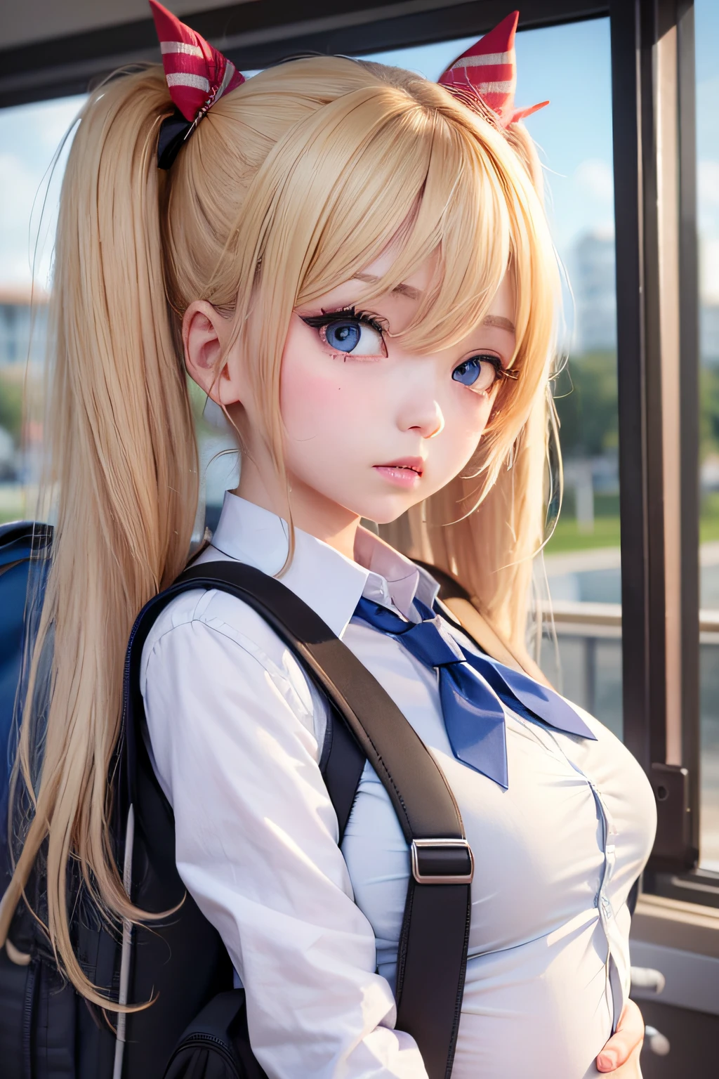 akizuki airi. oni chichi, masterpiece, best quality, super detailed, illustration, flat color, depth of field, 

1 girl, young, anime, standing, bus, full-length, blonde, twintails, sideways, looking at the viewer, red pleated miniskirt, wet white button-down shirt, school uniform, serafuku, blue tie, no bra, black tights, small backpack, detailed skin texture, detailed fabric texture, beautiful detailed face, big breasts, blue eyes, pregnant, tired