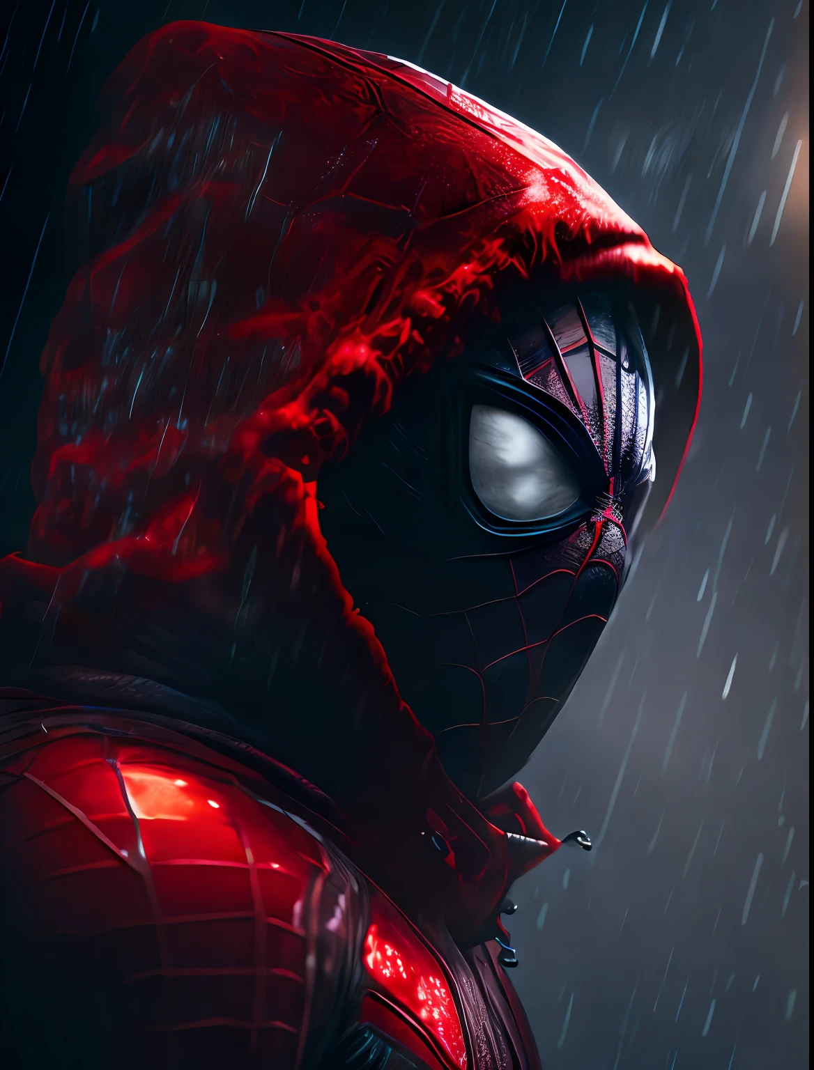 Spiderman with red coat with capus in a rainy setting with dramatic lighting