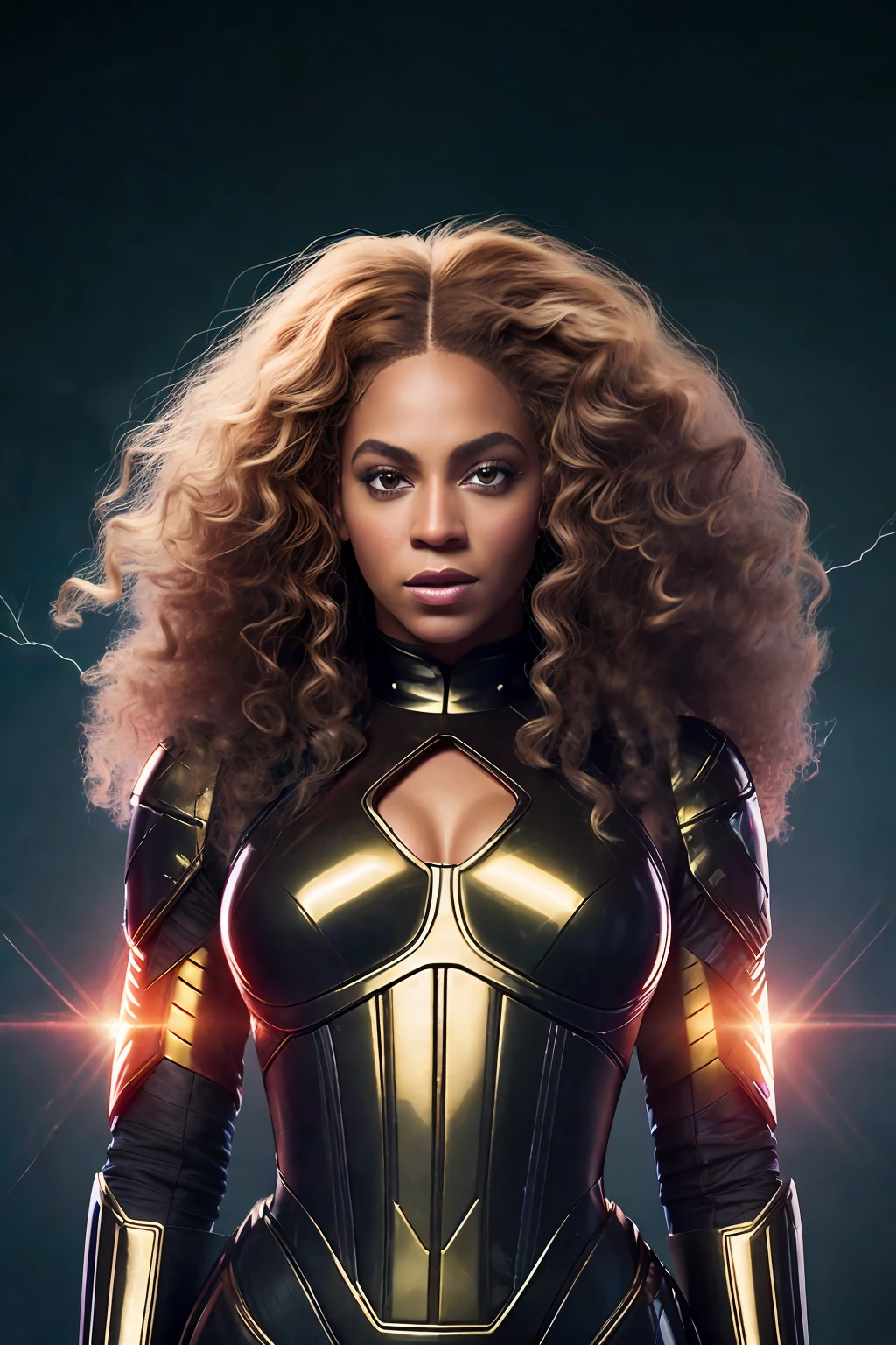 Photo BEYONCÉ ,l,texture 4K, high quality, beautiful hair, 8k image, high image quality, at night, STORM OUTFIT, X-MAN, THRONE, KINGDOM, BROWN EYES, LIGHTNING IN THE HANDS