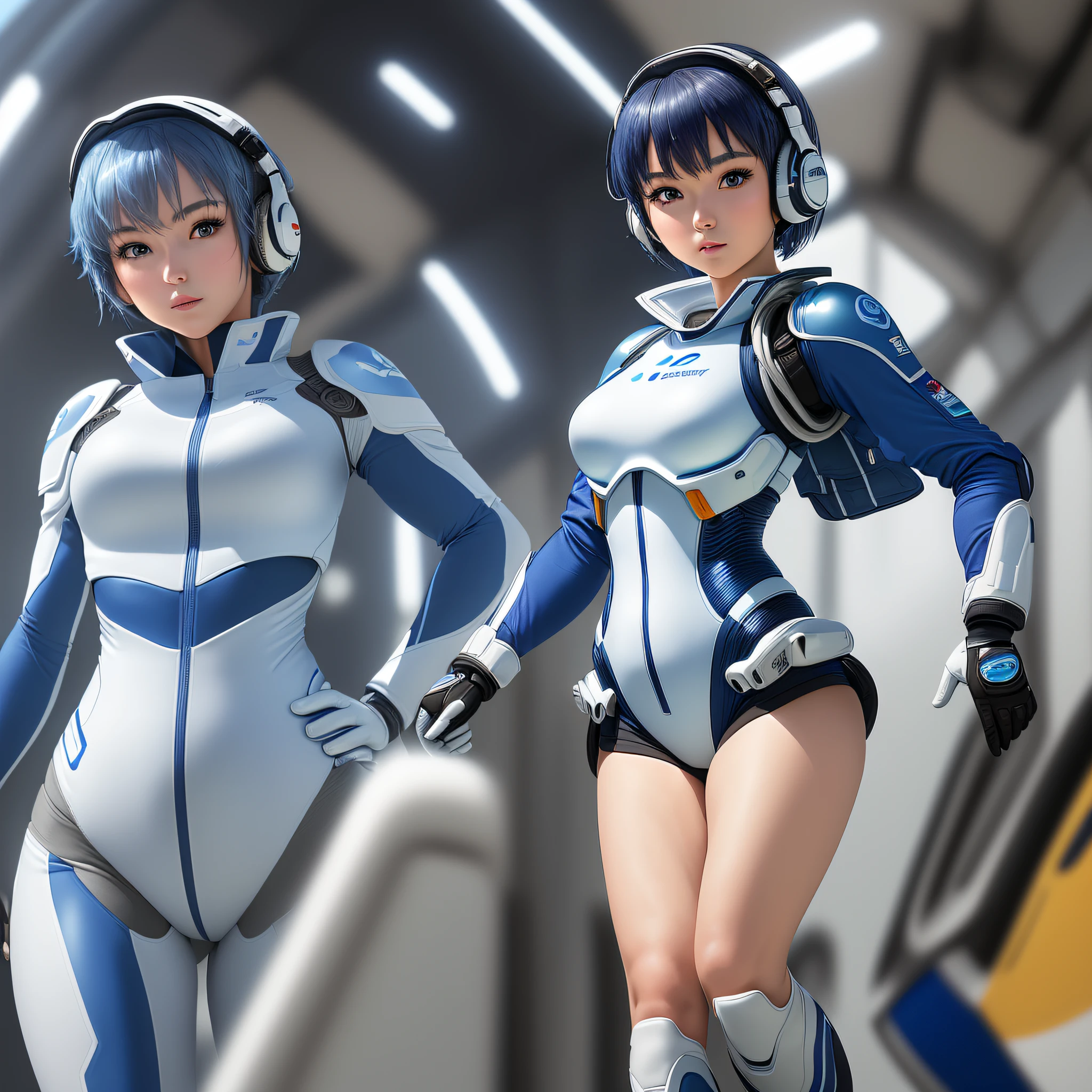 (masterpiece, highest quality, highest resolution, distinct_image, detailed details): (Solo, Japan face, short blue-haired girl, full body figure, small breasts, sparkling blue colored eyes, flight pilot suit in white and blue color, tight fit clothes, clothes covering the whole body, beauty, slim body, exoskeleton, dynamic pose, knee boots, headset)