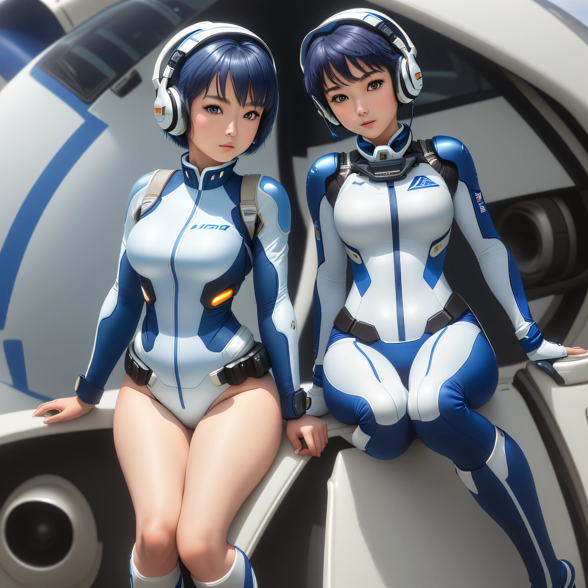 (masterpiece, highest quality, highest resolution, distinct_image, detailed details): (Solo, Japan face, short blue-haired girl, full body figure, small breasts, sparkling blue colored eyes, flight pilot suit in white and blue color, tight fit clothes, clothes covering the whole body, beauty, slim body, exoskeleton, dynamic pose, knee boots, headset)