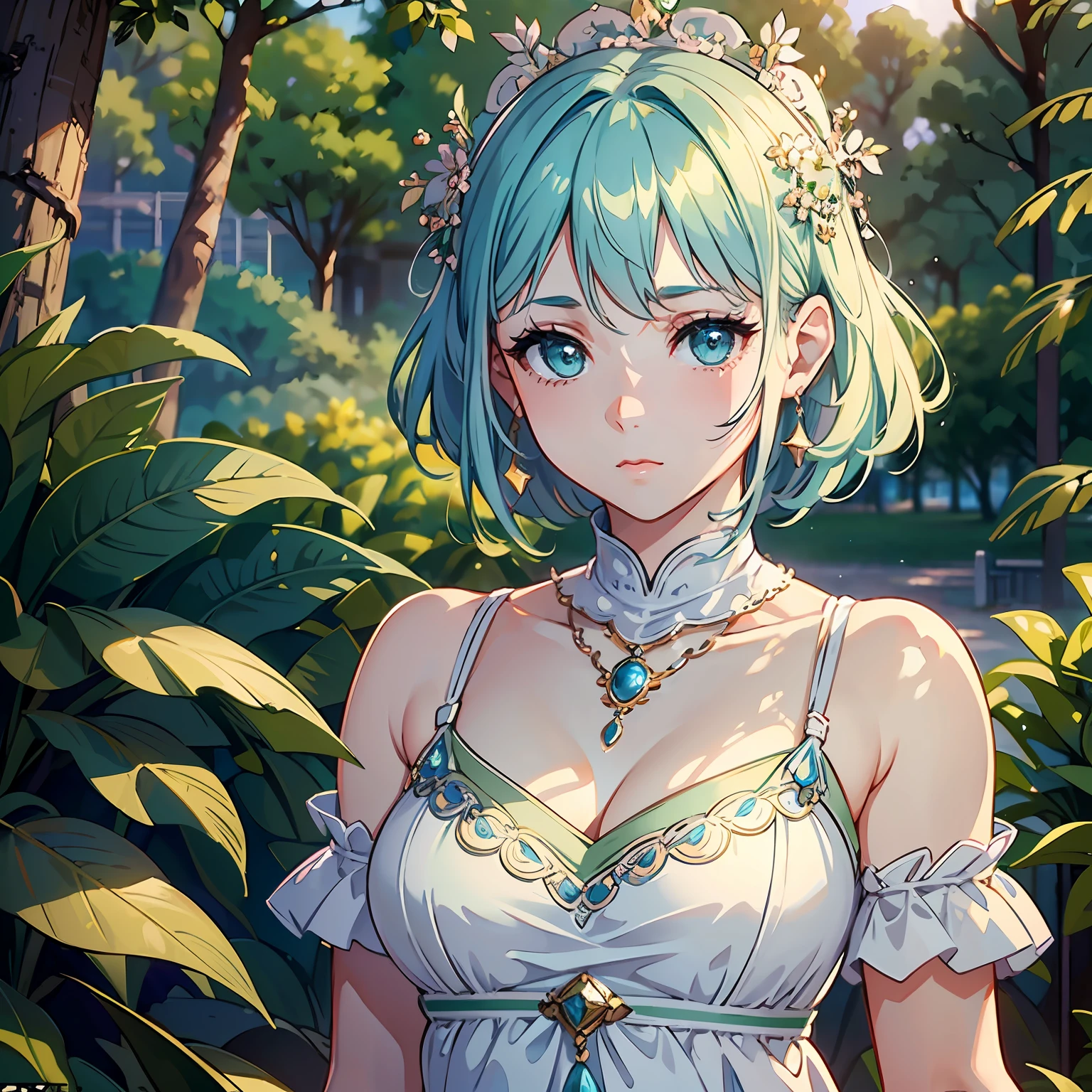 (A pretty girl with short straight blue hair:1.1)0.2], (pearly green eyes:1.0) (white skin:1.0) (beautiful round dress:1.1) (extremely detailed 8k CG park setting:1.5) (simple soft lighting:0.9)
