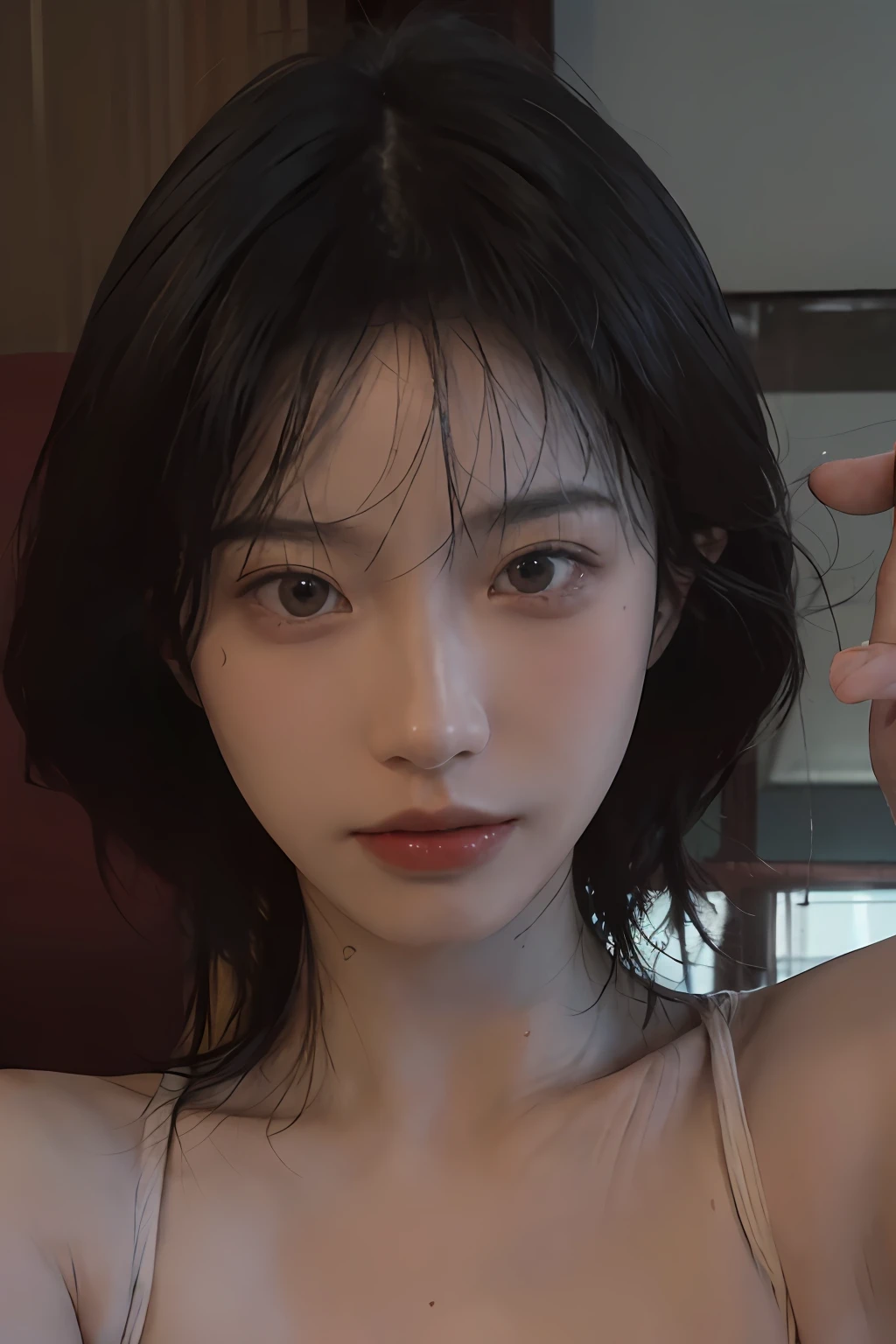 8K, Best Quality, Masterpiece, Ultra High Resolution, (Realism: 1.4), Original Photo, (Realistic Skin Texture: 1.3), (Film Grain: 1.3), (Selfie Angle), 1 Girl, Beautiful Eyes and Face Details, Masterpiece, Best Quality, Close-up, Upper Body, Looking at the Viewer